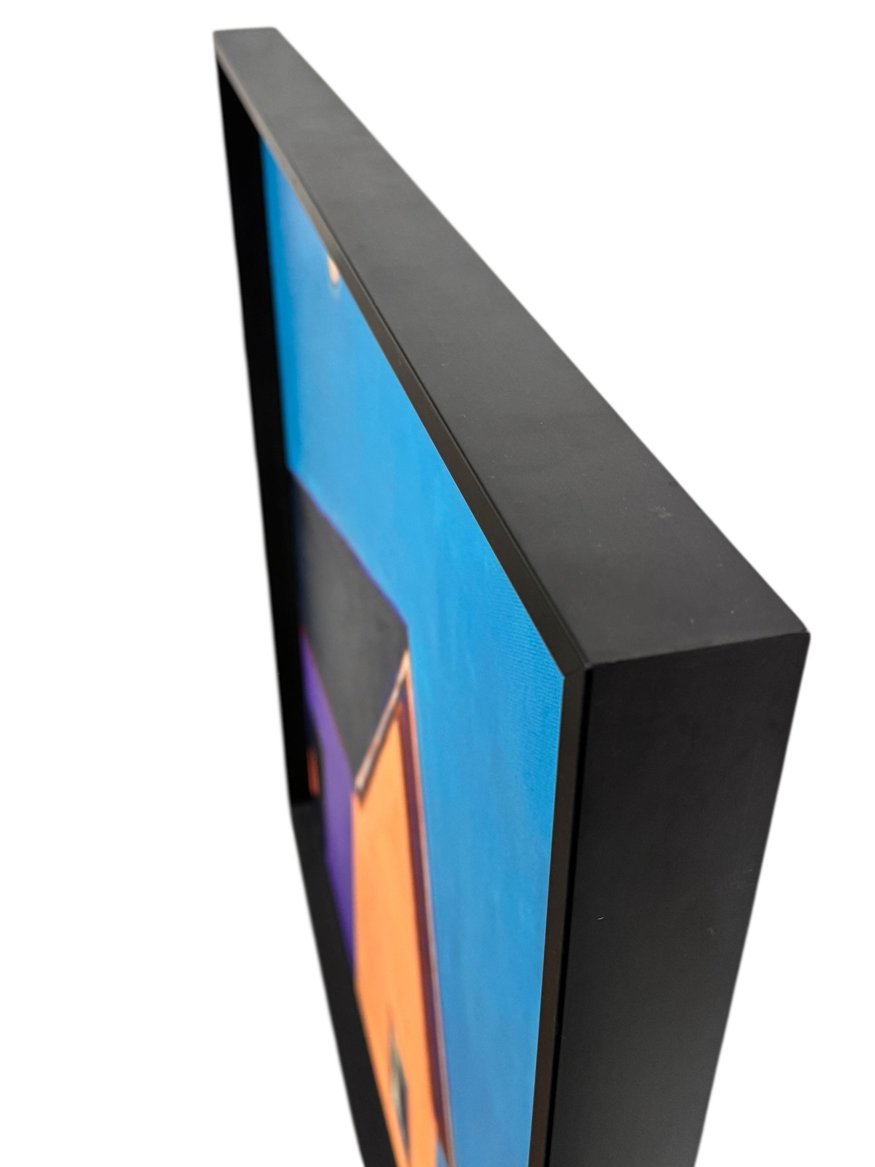 A vibrant, modern painting of a house with a purple side and an orange side with a window under a bright blue sky with a single moon by Elizabeth Payne titled “House in Moonlight”.