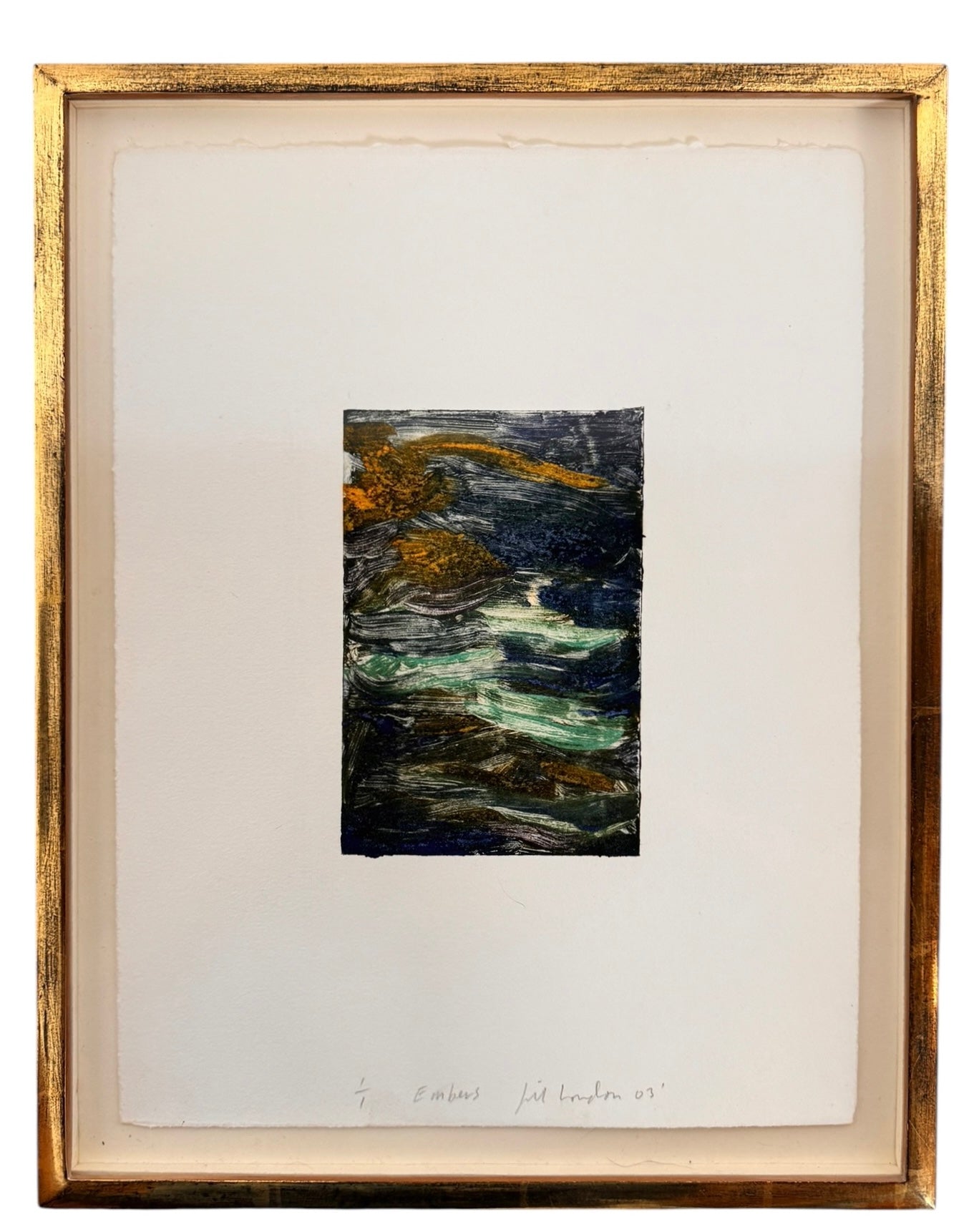 A vertical rectangular artwork, "Embers," by Jill London (2003), framed in a wide, textured gold frame. The piece features a small, abstract expressionist print at the center, rendered in dark, painterly strokes of deep blues, browns, yellows, and white, resembling moving water or smoke. Below the print, on the cream mat, the artist's signature, title, and date are hand-written in pencil. The paper has a delicate, textured deckled edge.