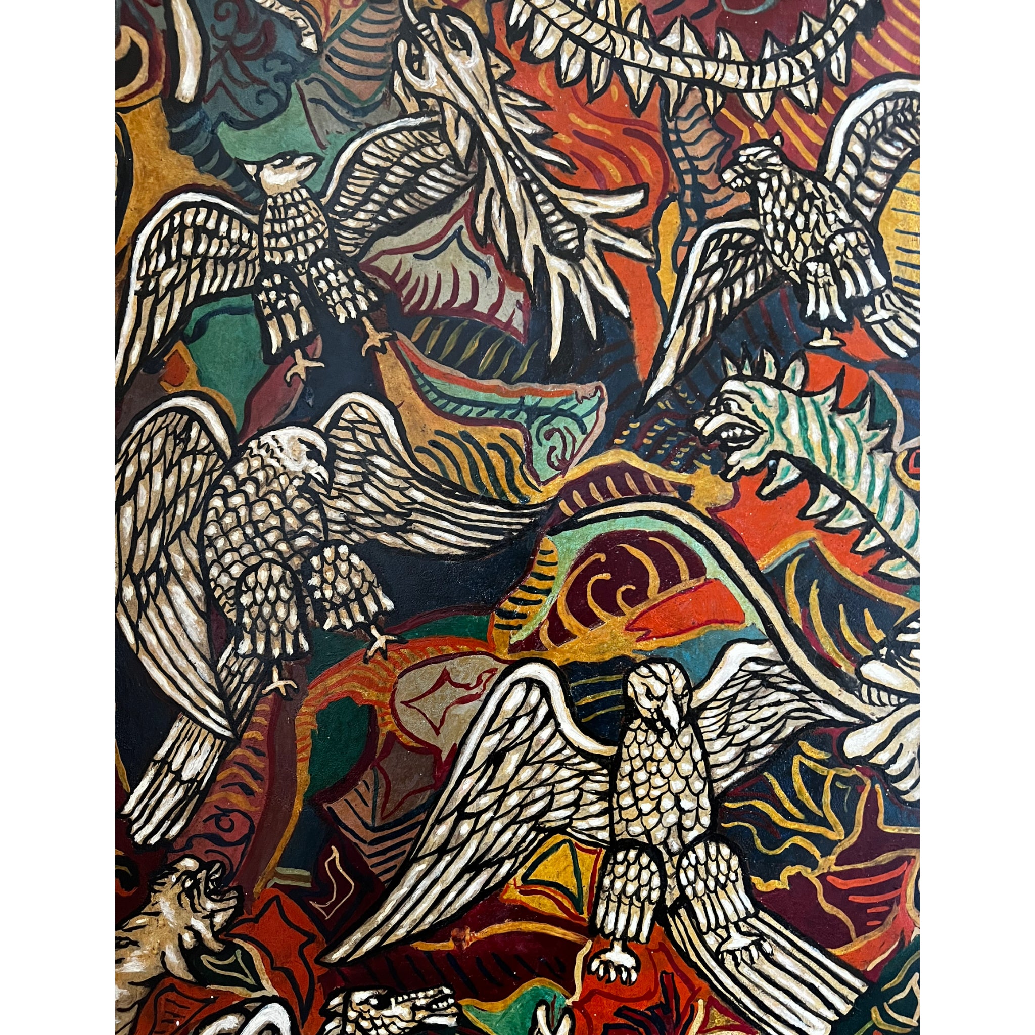 wall art
vibrant
Snakes
Plumes
Painting
Mid century
Large art
italy
italian
Home
eagles
E. Cocco
dragons
Colorful
birds
Art
acrylic painting
1950s
serpent