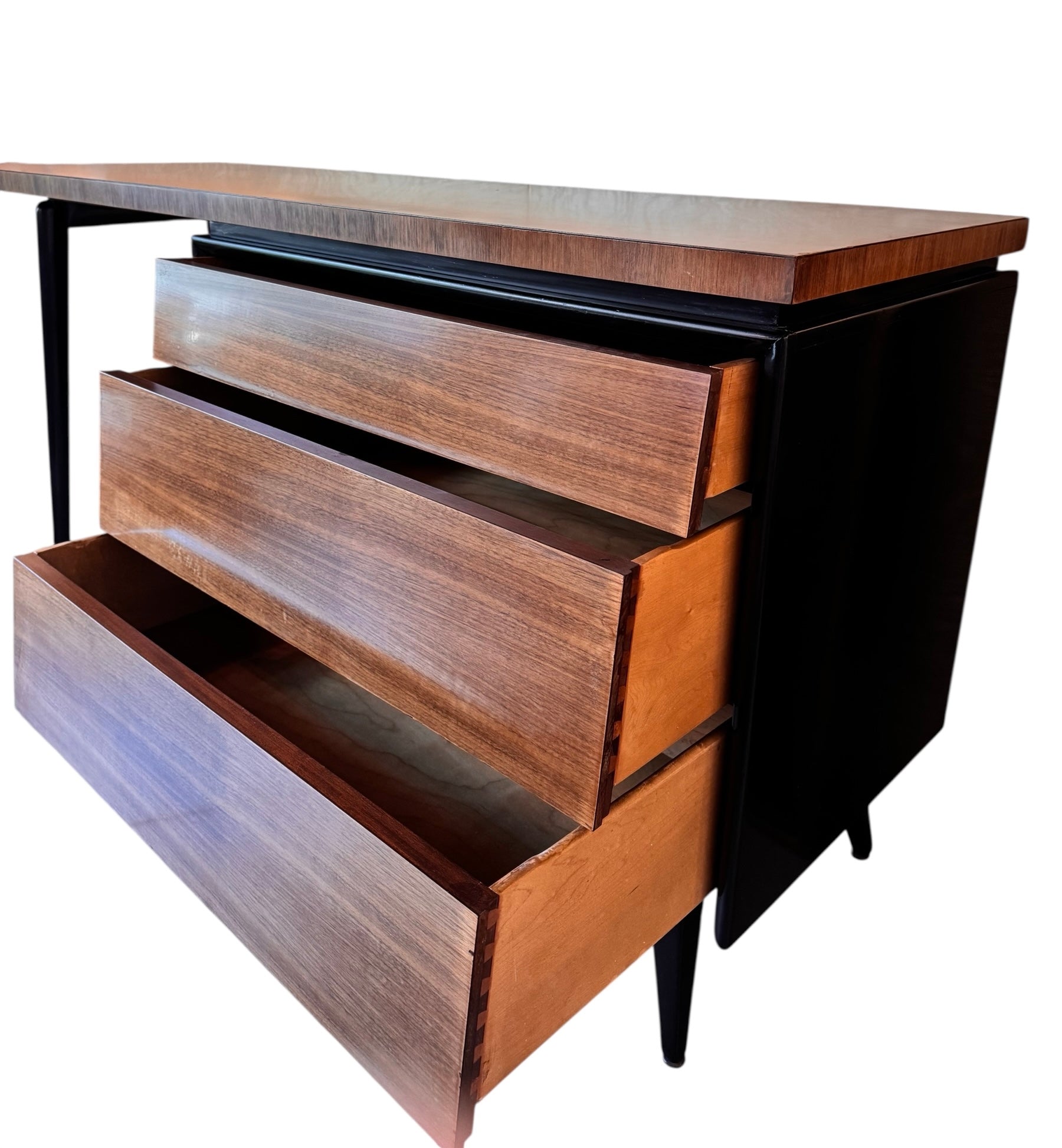 Mid Century Desk, Mid Century, Desk, Tapered Legs, Morris C. Mallin, Mallin Furniture Co., Walnut Veneer, black enameled metal, sleek, corporate, modernist