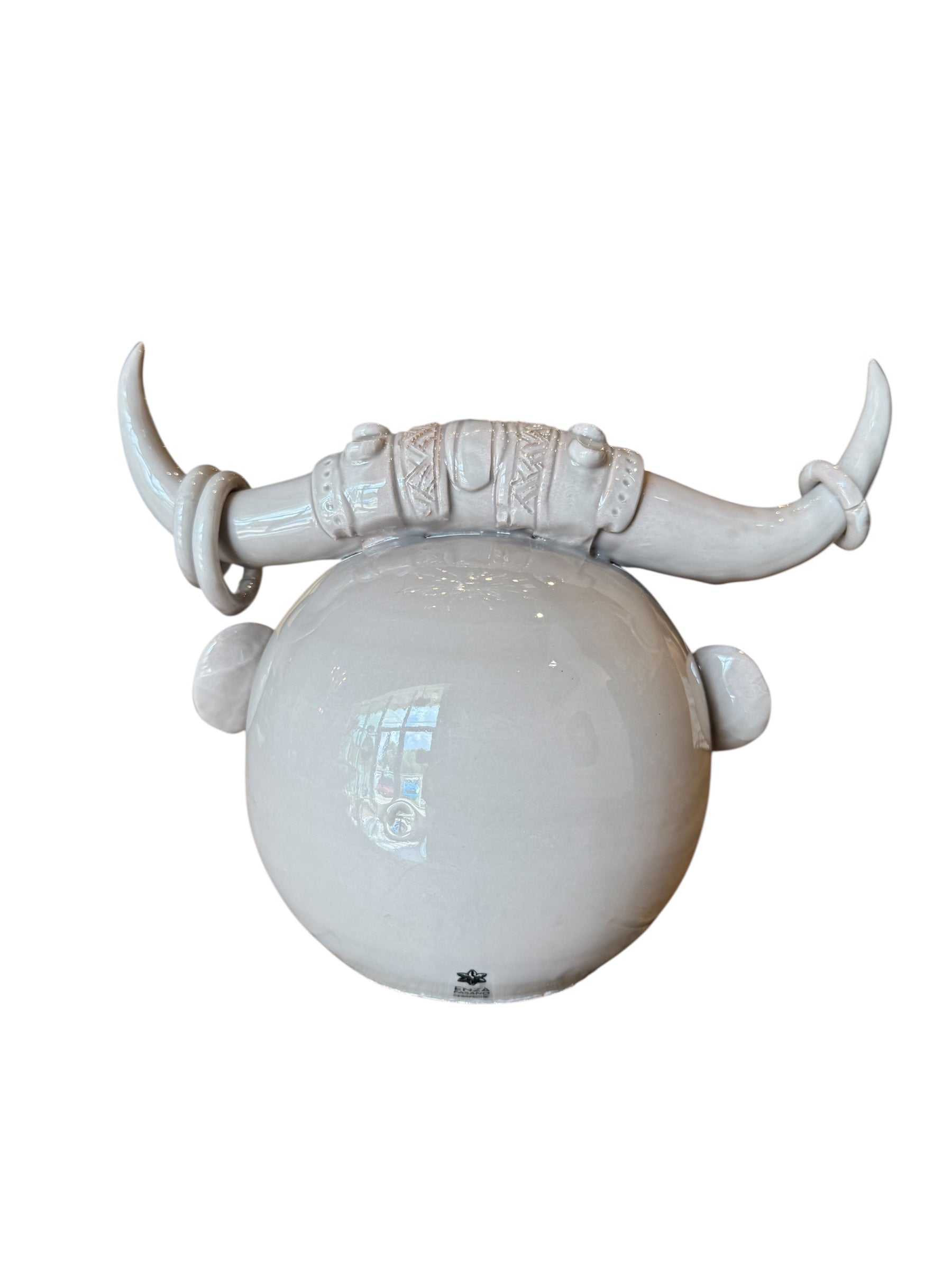 Artistic white grey ceramic bull sculpture by Enza Fasano, featuring a minimalist design and rings on the horns
