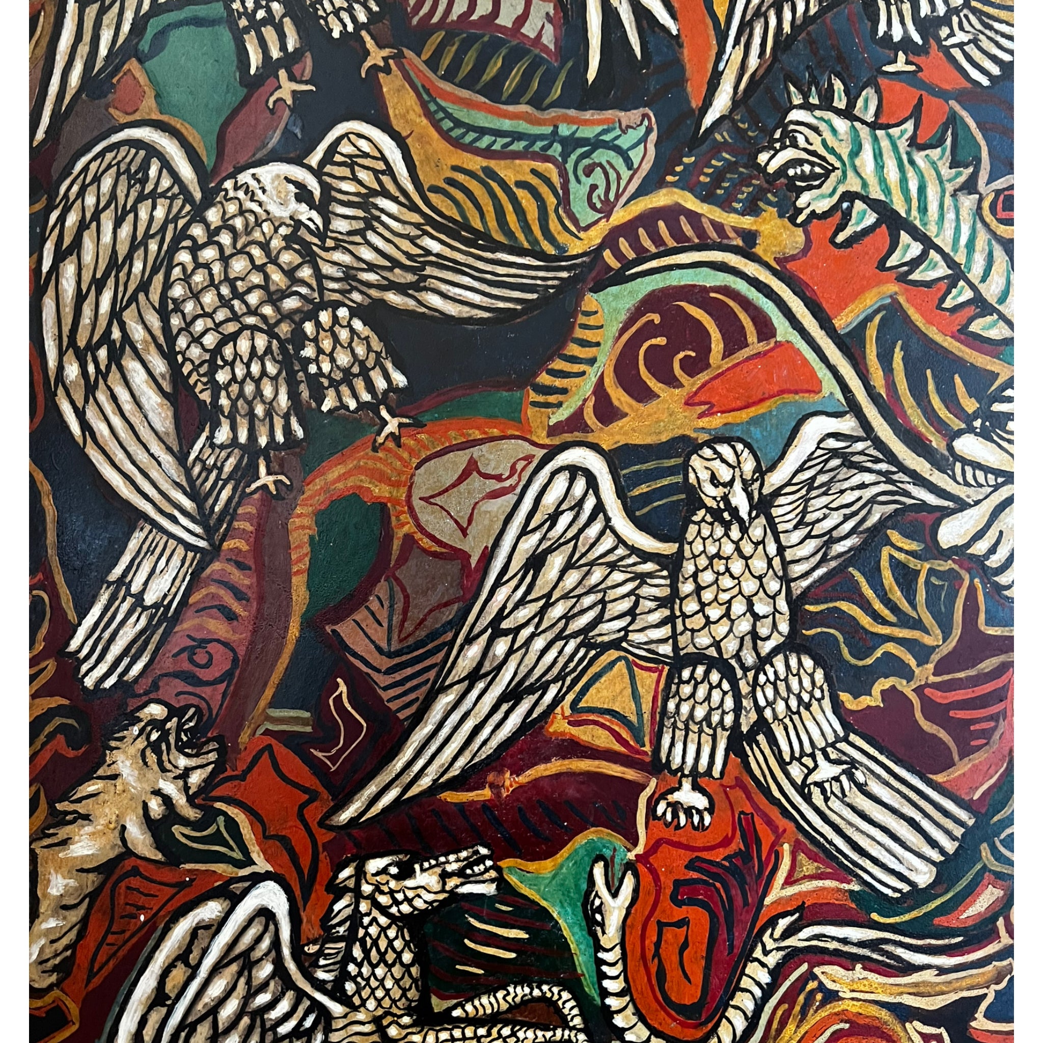 wall art
vibrant
Snakes
Plumes
Painting
Mid century
Large art
italy
italian
Home
eagles
E. Cocco
dragons
Colorful
birds
Art
acrylic painting
1950s
serpent