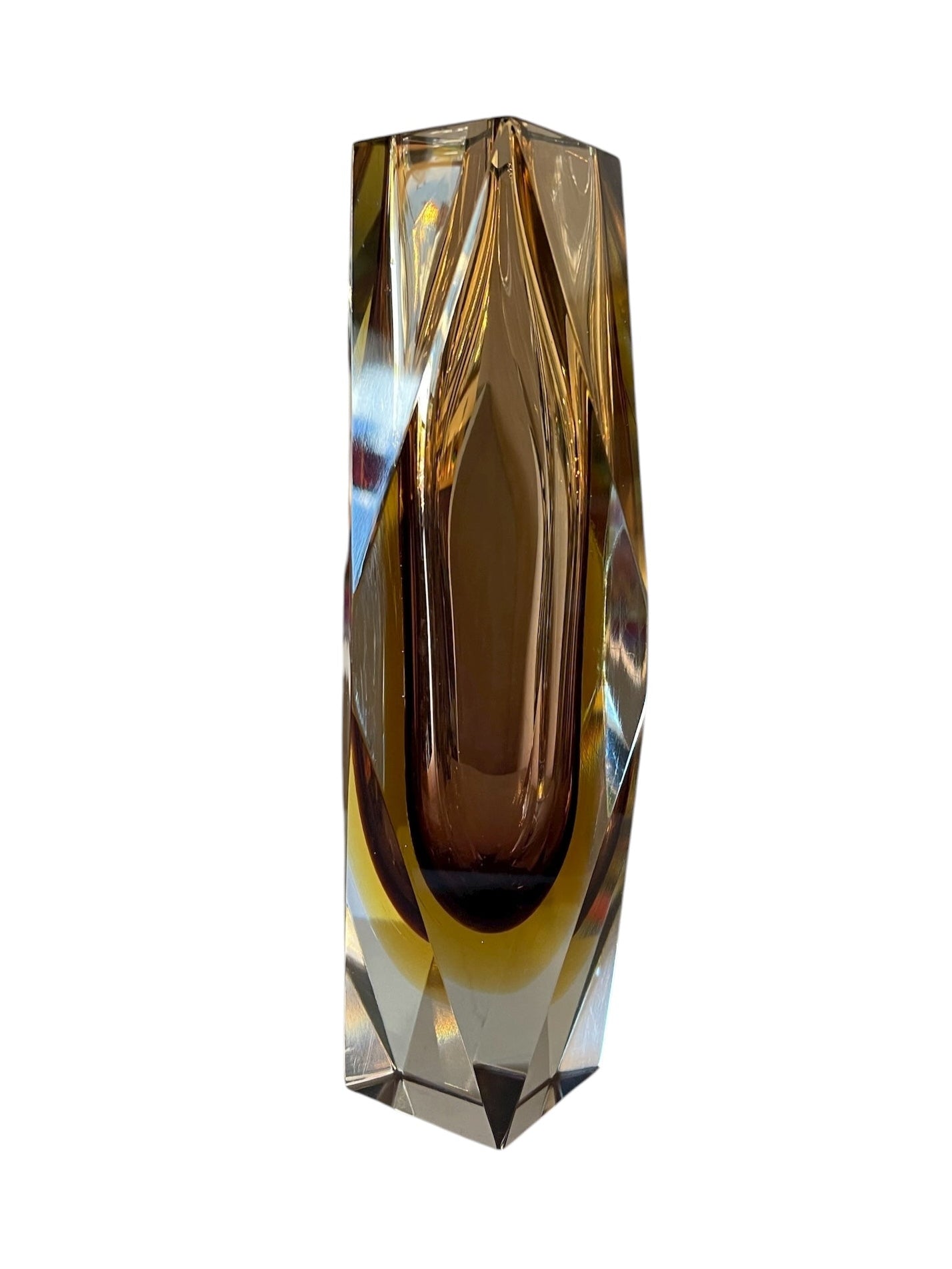 Mid-century modern vase with amber to clear ombré glass, geometric faceted design, in the Sommerso style
