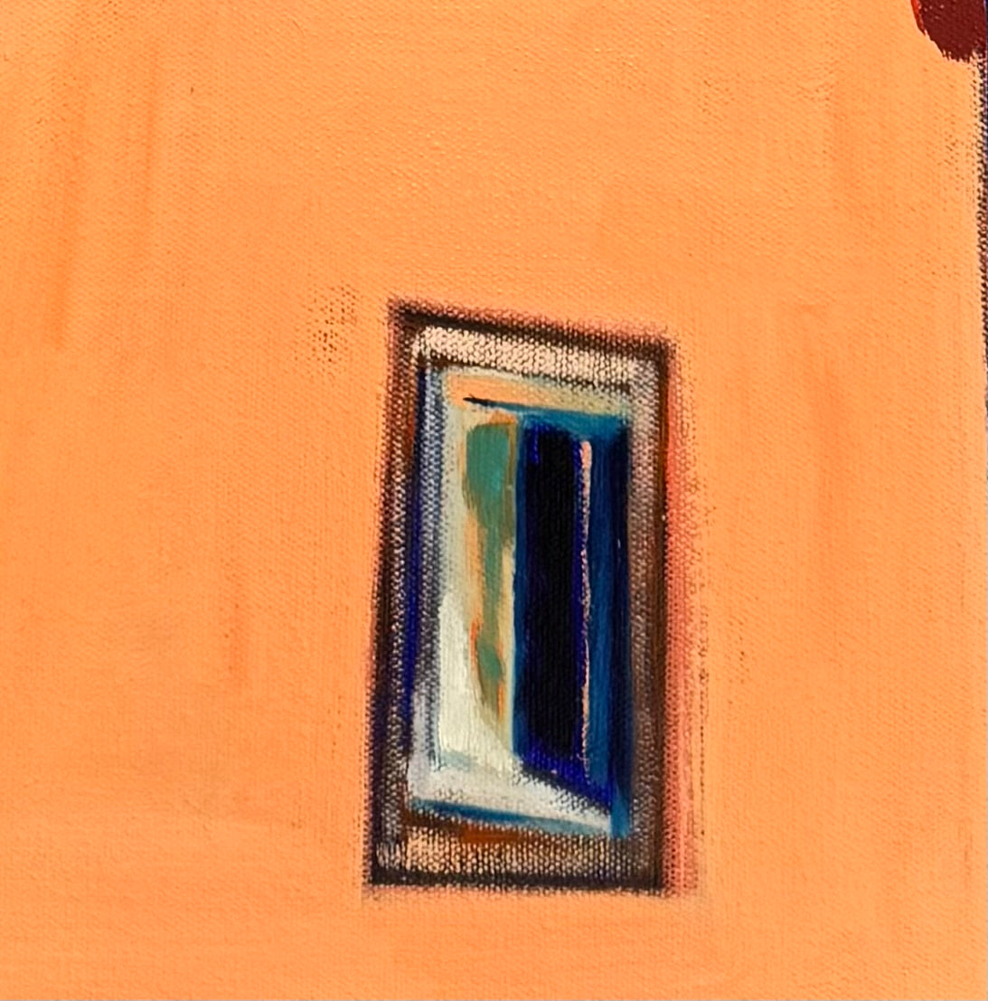 A vibrant, modern painting of a house with a purple side and an orange side with a window under a bright blue sky with a single moon by Elizabeth Payne titled “House in Moonlight”.