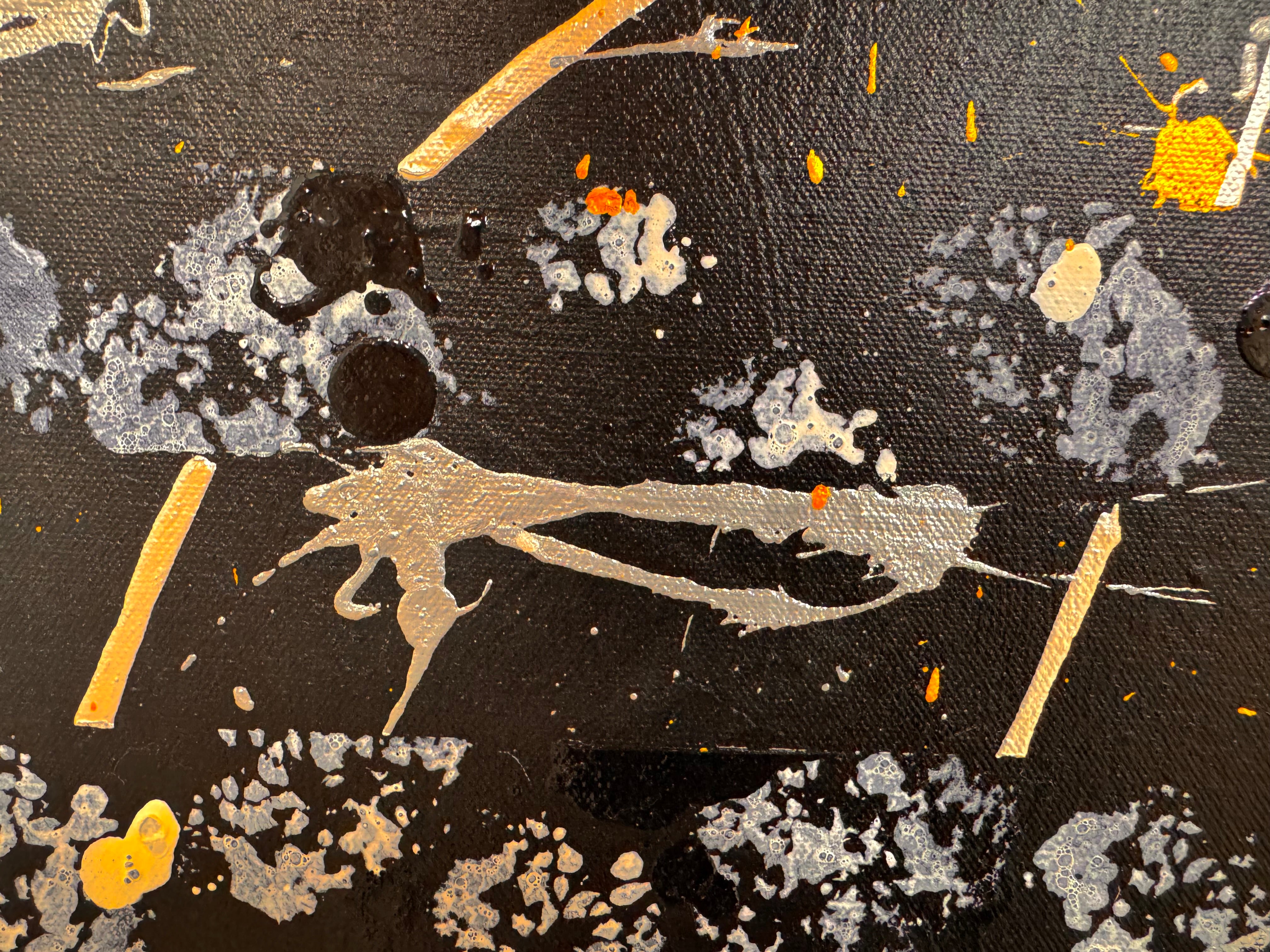 An abstract, vertical-oriented canvas painting featuring a dark background layered with highly textured, horizontal bands. The composition alternates between solid black strips and dense, speckled white-and-grey patterns that resemble static or stone texture. Splattered across the surface are energetic drips, lines, and splotches of bright yellow, stark white, and grey paint, creating a chaotic yet rhythmic sense of movement overlaying the geometric structure underneath.