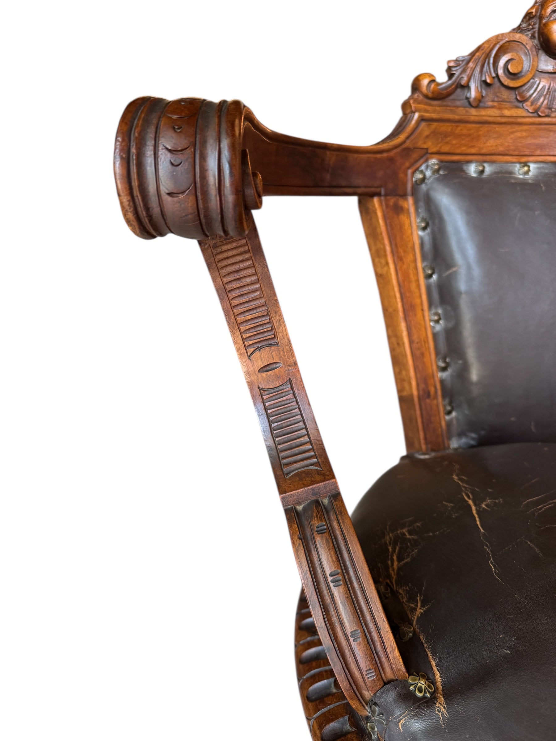 Antique French carved chair 
Figural crest walnut desk chair 
19th-century French leather swivel 
Vintage wood office chair sale
Antique french wooden chair
Carved walnut
Leather seat
Swivel base
Figural crest
Antique chair
French design
Desk chair
19th-century
Antique
Vintage
French
Carved
Walnut
Swivel
Desk chair
Leather
Upholstered
Ornate
Figural
Wood
Nineteenth-century
Office
Patinated
Decorative
Unique