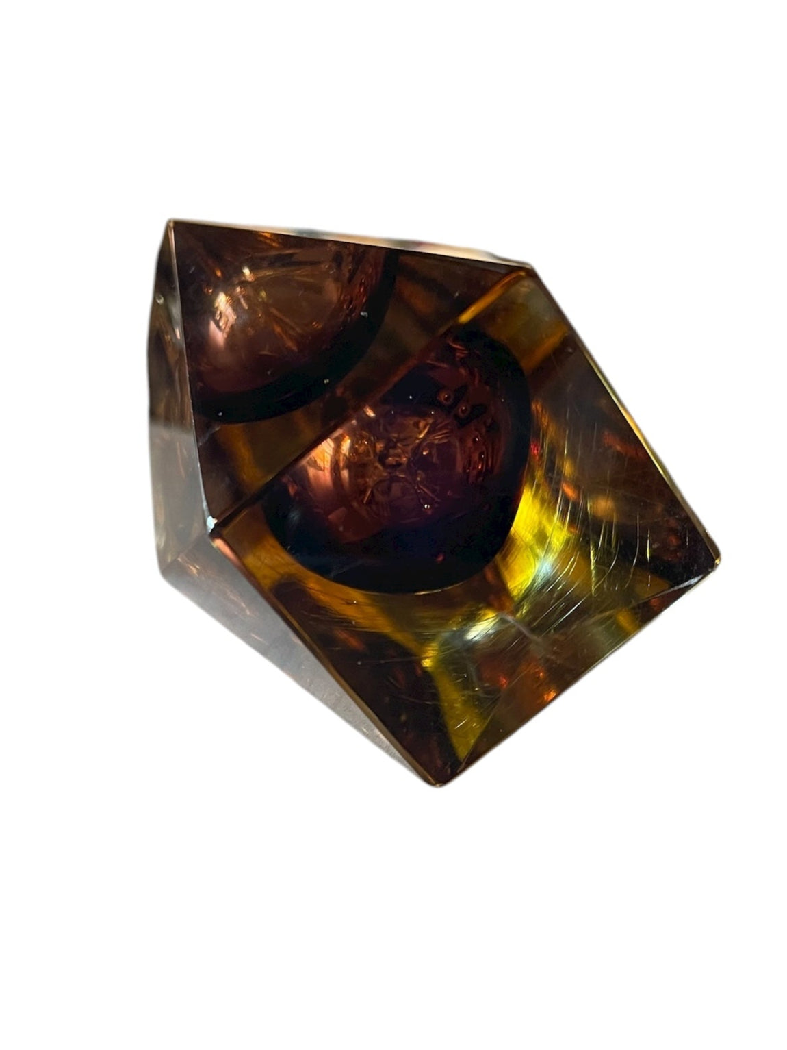 Mid-century modern vase with amber to clear ombré glass, geometric faceted design, in the Sommerso style