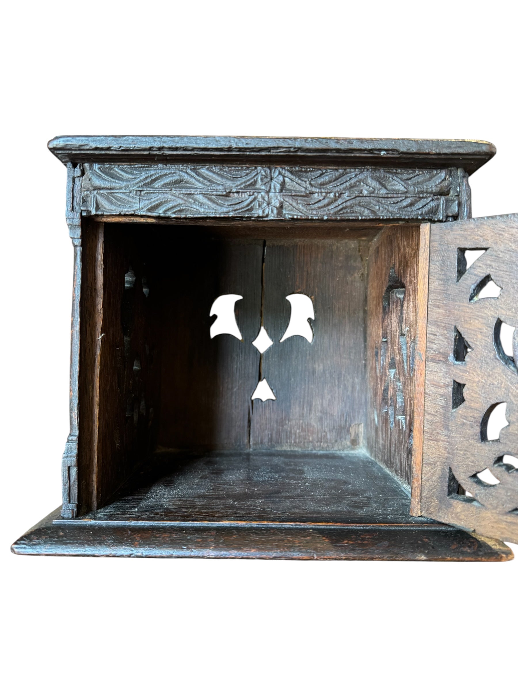 Diminutive Piece Carved Mahogany Cabinet, 19th Century, Mahogany, Cabinet, bird carvings, botanical carvings, sloping integral base, one door, floral motifs, brass door handle