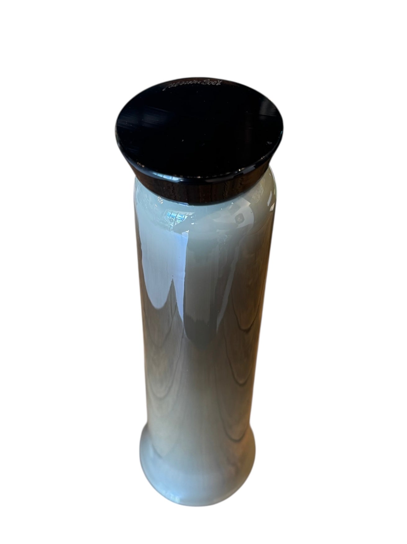 Image of a Venini Anni Trenta art glass vase, featuring a flared silhouette, Talpa colored exterior, and Acquamare interior, created using the Opalino technique