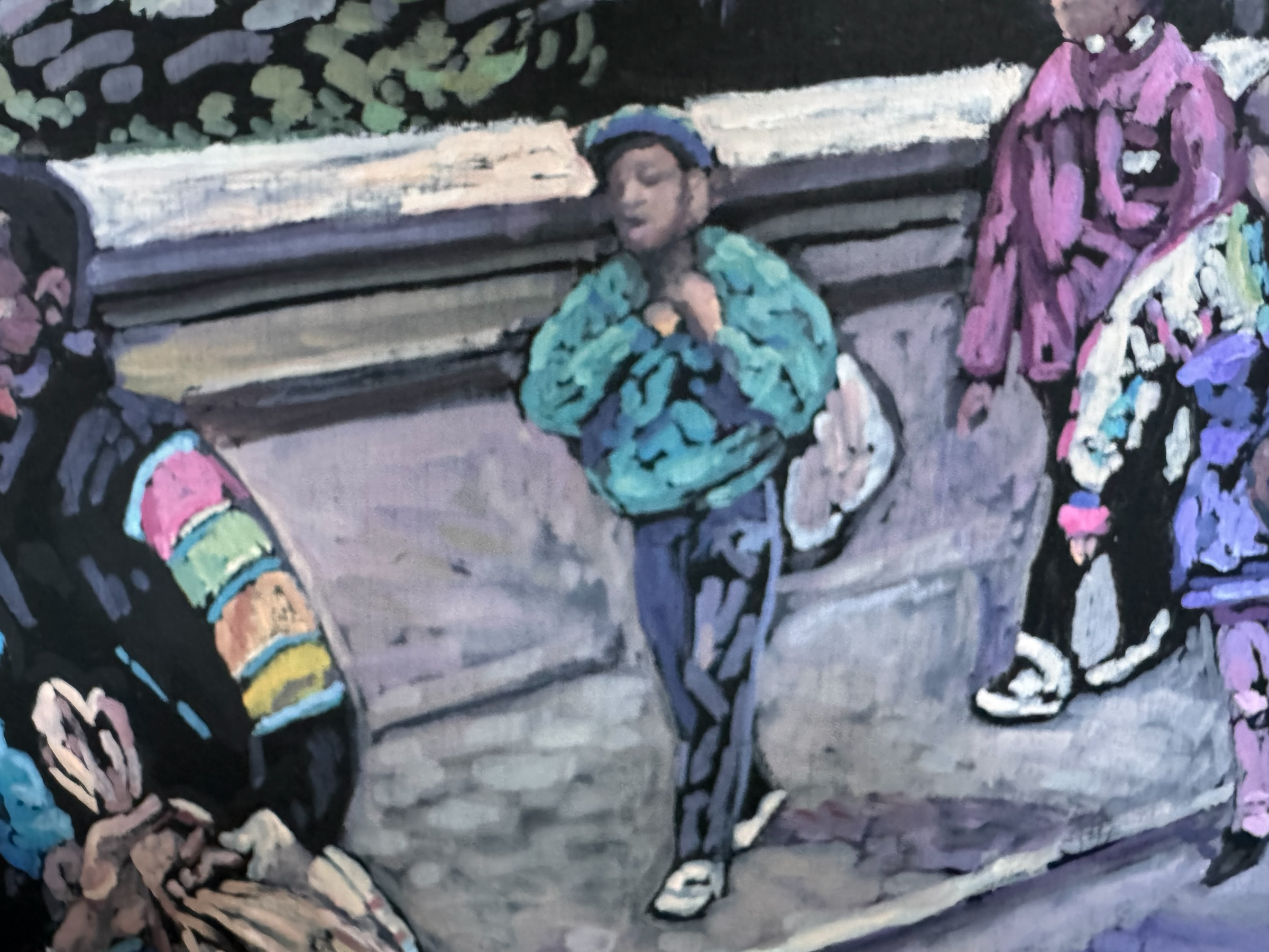 Painting by Evelyn Borchard Metzger, 'School Class, Central Park (Looking Back),' depicting an urban scene with figures and a stroller, rendered in a colorful, impressionistic style.