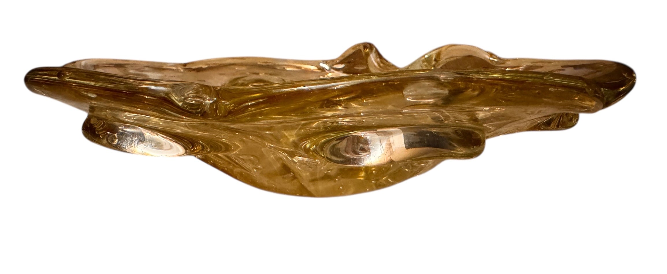 Scalloped amber yellow art glass ashtray with controlled bubbles