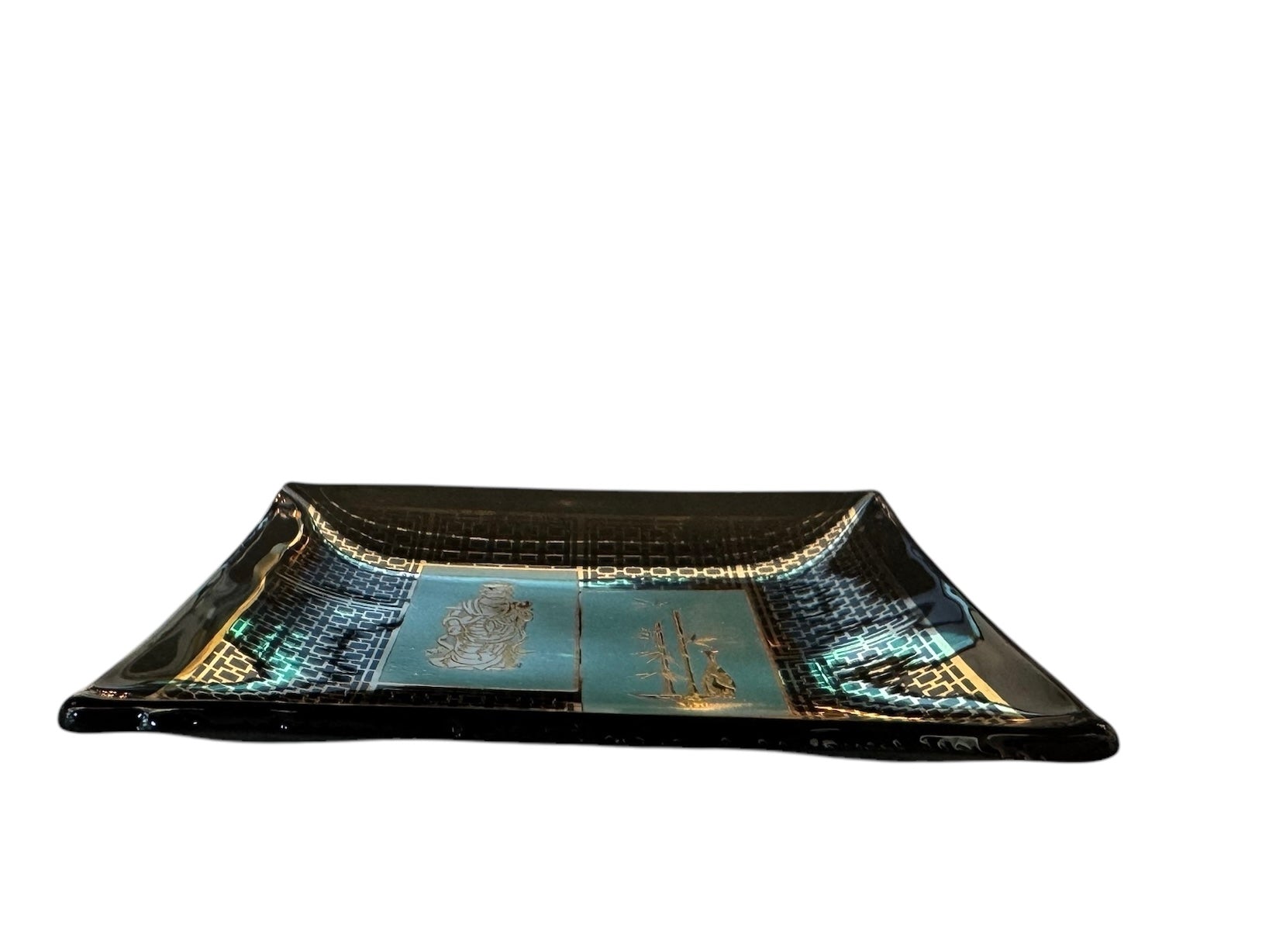 Mid Century Hostess Set, Black, Gold, Turquoise, James Mont Style, Smoked Glass, Etched 24kt Gold, coaster, trinket dish, hostess set, mid-century, geometric pattern