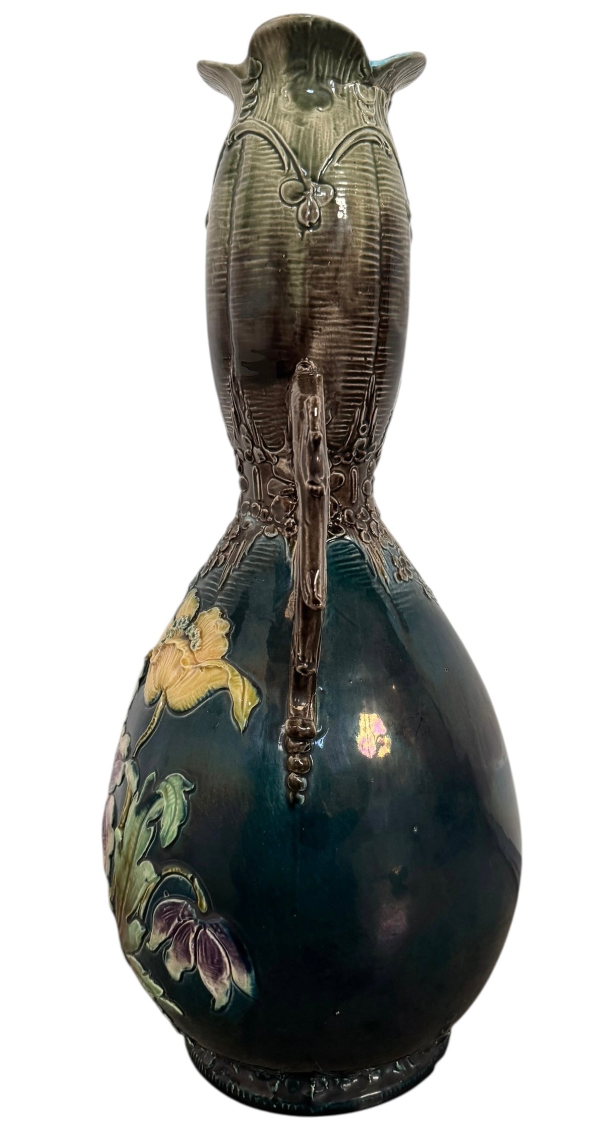 French Art Nouveau Faience Glazed Vases with flower motifs, and thorny wood handles