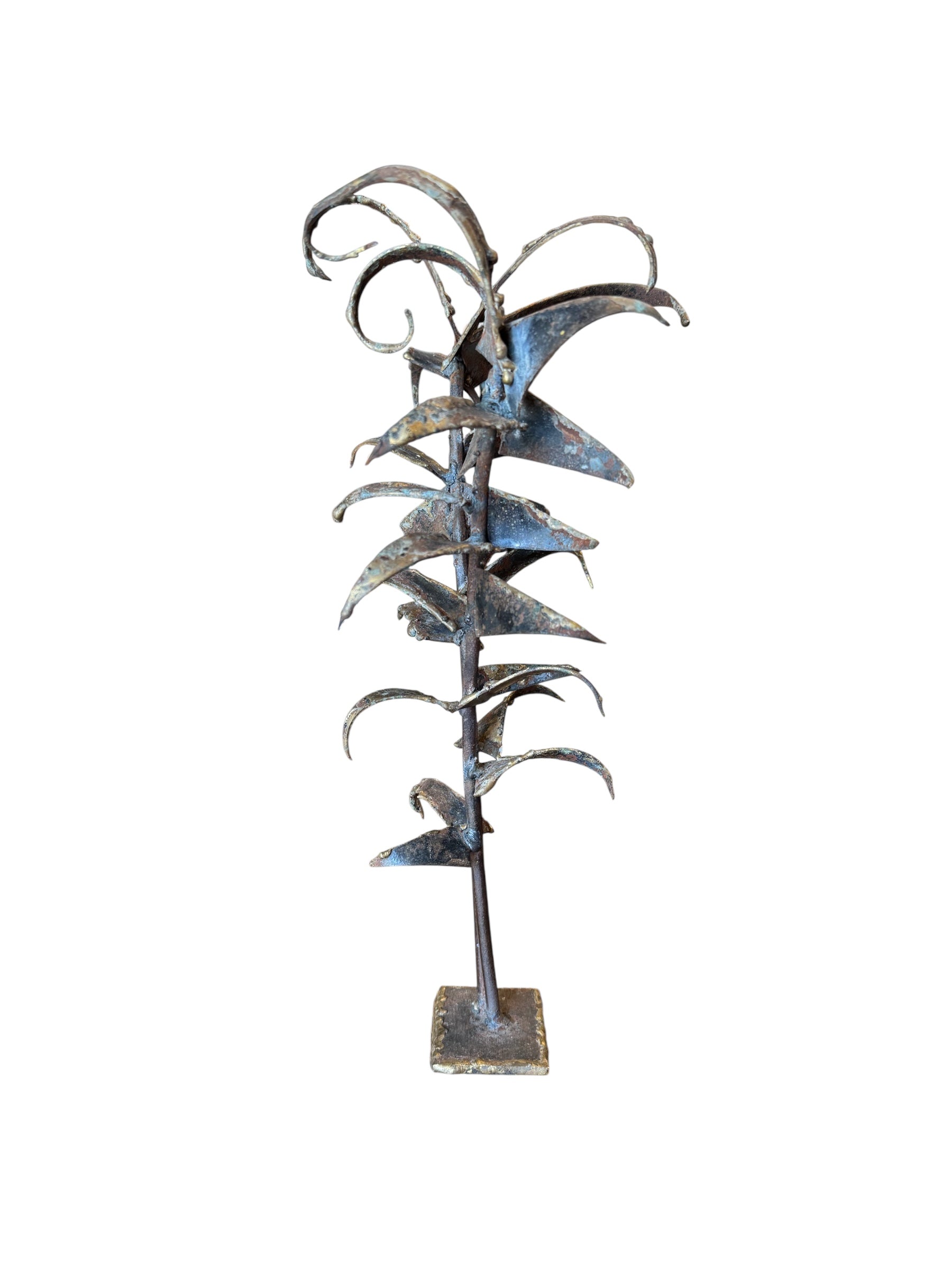 Mid-century Brutalist sculpture made of brass and bronze, depicting a stylized plant with textured, oxidized surfaces.