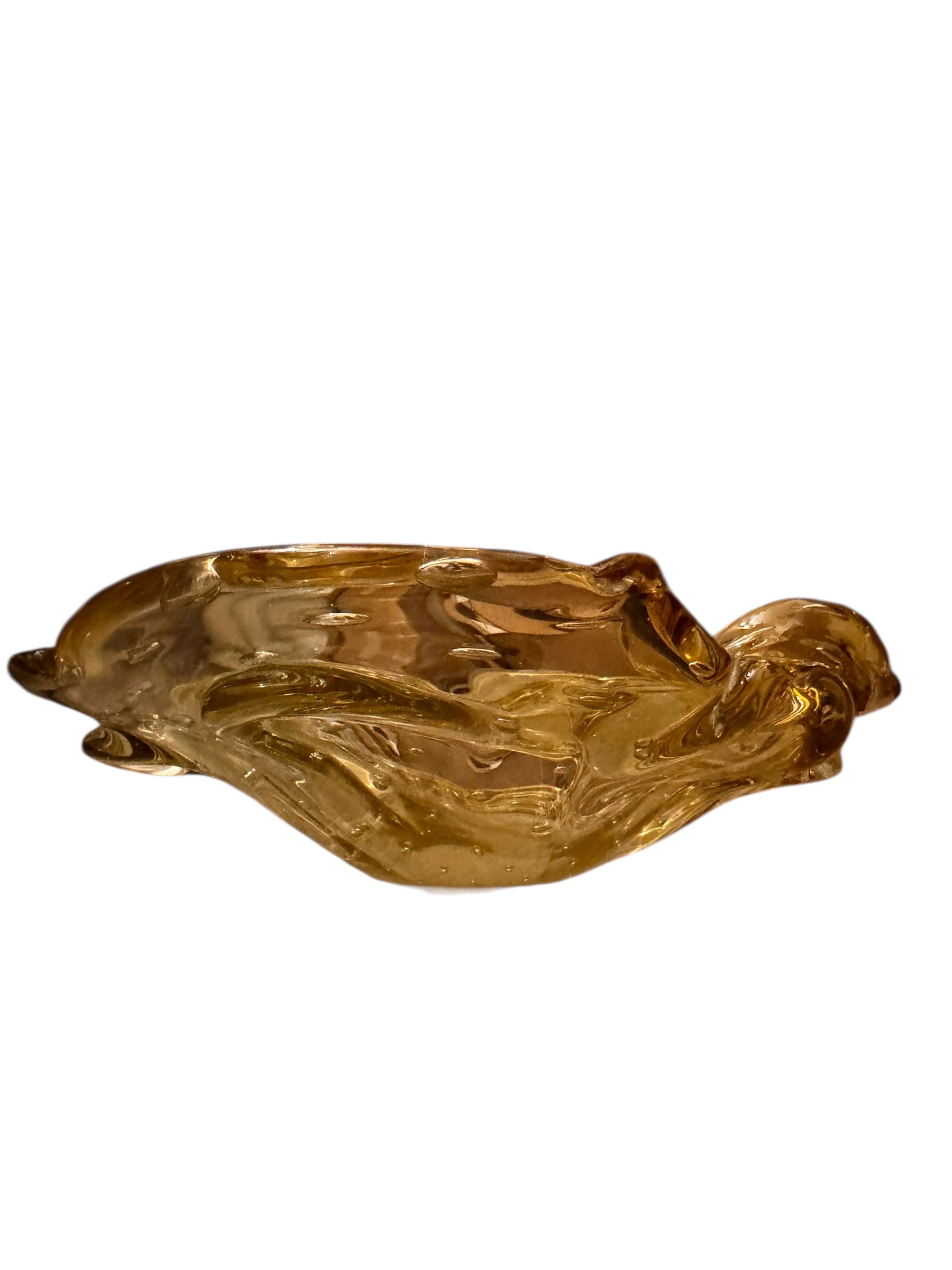 Scalloped amber yellow art glass ashtray with controlled bubbles