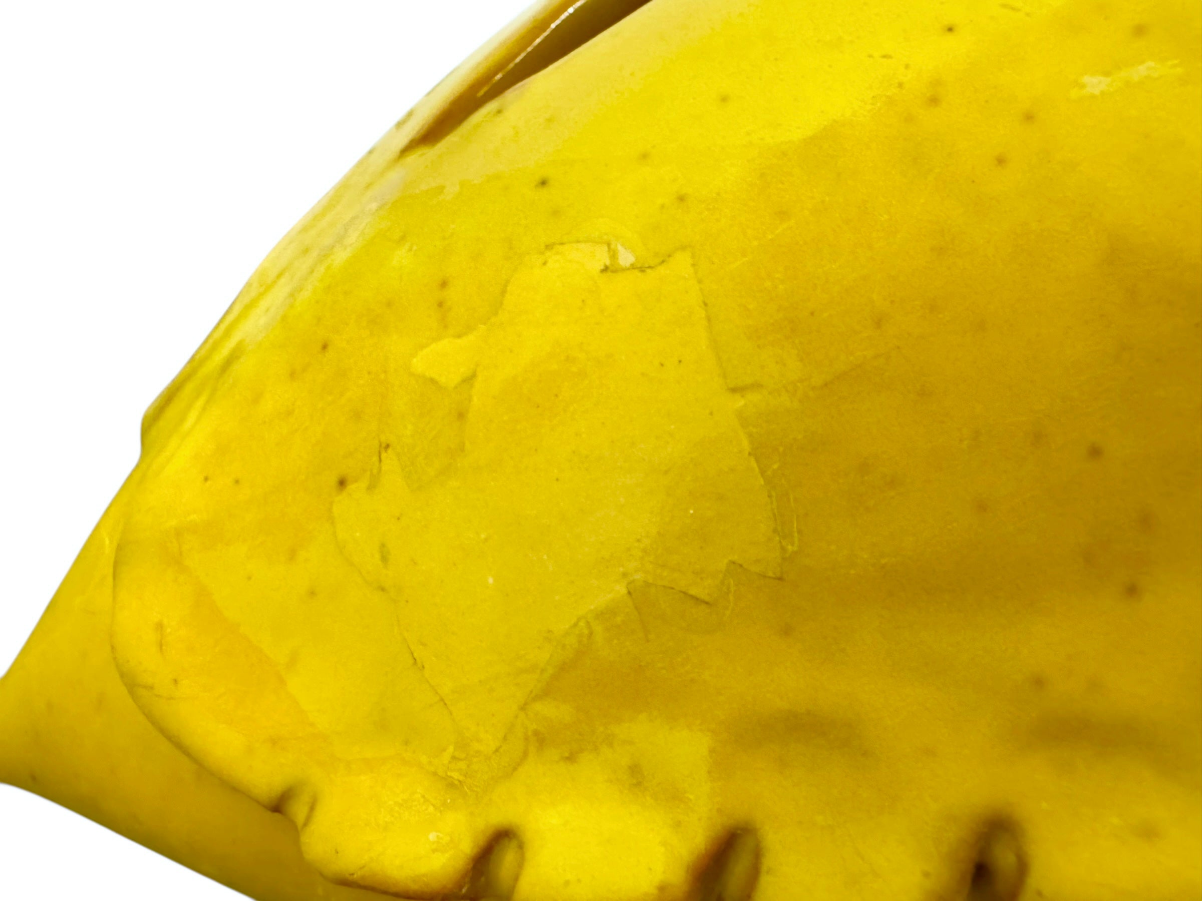 a large, high-gloss ceramic sculpture by Enza Fasano, shaped like a stylized beetle. The entire piece is finished in a warm, honey-yellow glaze. The beetle features prominent, curved mandibles at the front, a textured "collar" area, and a rounded, shell-like body with decorative ridges along the edges. The surface is smooth and reflective, catching the light across its organic contours.