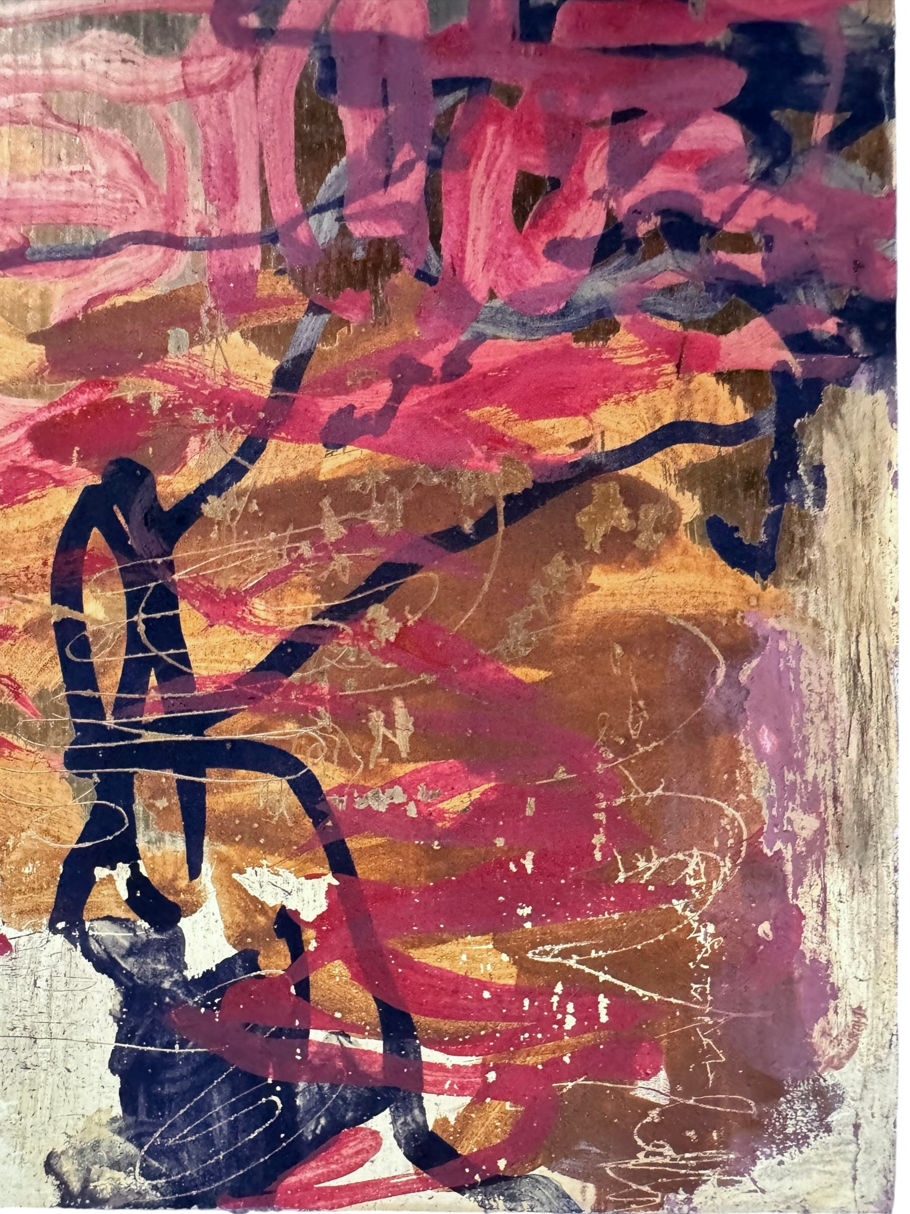 A vibrant abstract painting on a metallic gold-toned panel characterized by dense, energetic layering. The palette is dominated by saturated pinks, deep blacks, and earthy oranges.
In the upper half, horizontal strokes of orange and pink suggest a sunset or landscape, while the lower half features heavy, gestural applications of black paint that anchor the composition. Fine, white or silver linear scribbles are scratched into or layered over the pigment, adding a sense of frantic movement.