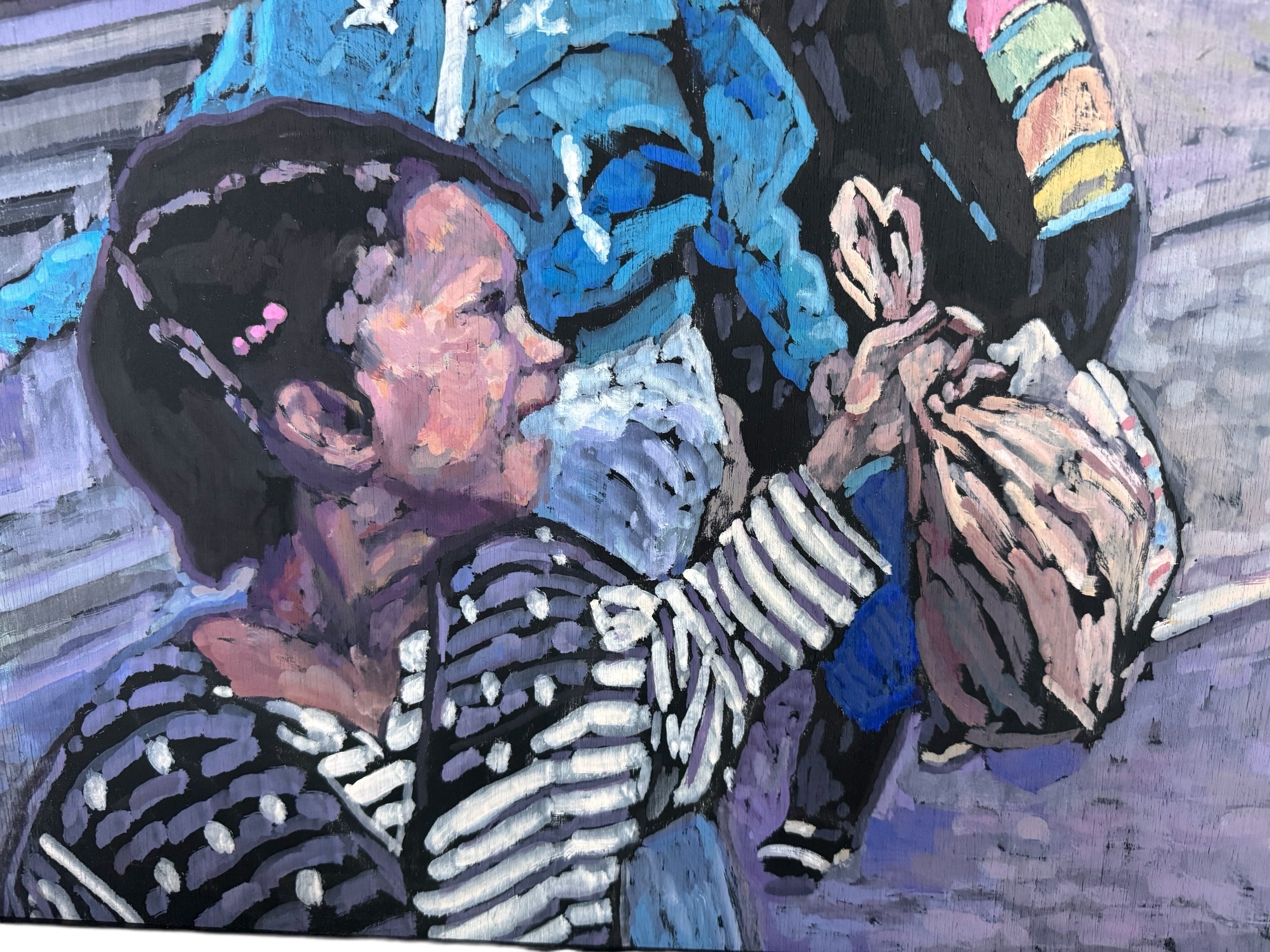 Painting by Evelyn Borchard Metzger, 'School Class, Central Park (Looking Back),' depicting an urban scene with figures and a stroller, rendered in a colorful, impressionistic style.