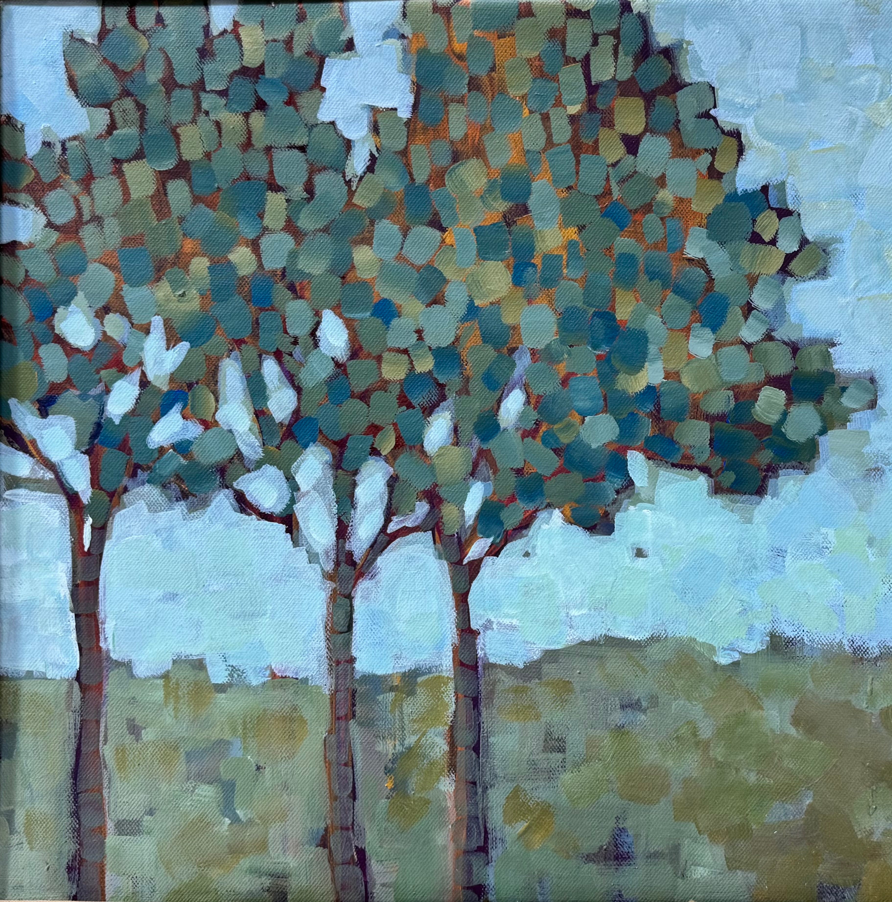 An oil painting by Laura Jacobson featuring three stylized trees with green and brown leaves in a field.