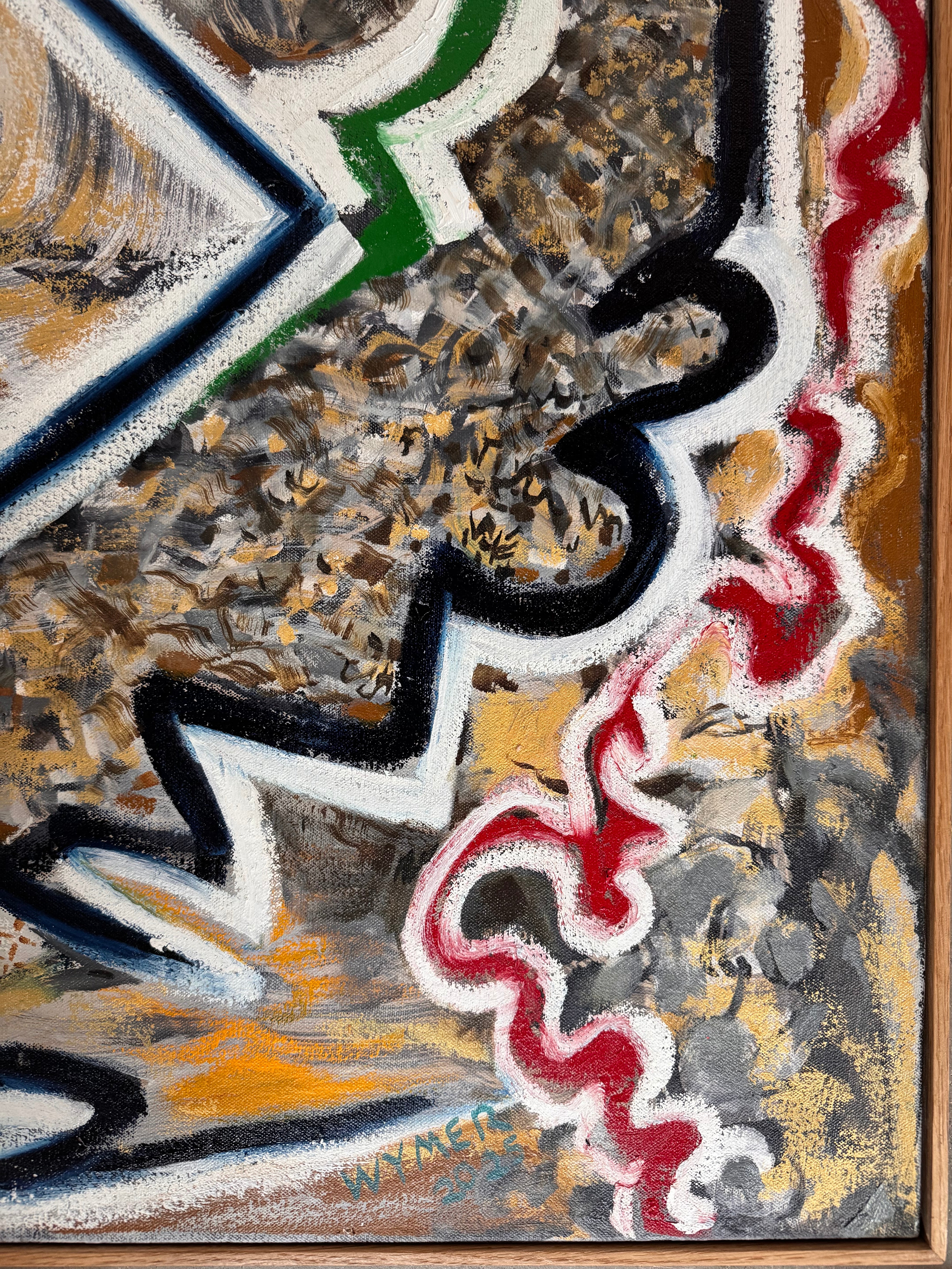 A close-up, angled view of an abstract oil painting titled 'Topography' by Robert Wymer. The painting's edge reveals thick, textured swirls of brown, gold, red, green, and white paint. It is framed in a natural light-brown teak wood frame, with a visible corner joint where two pieces of wood meet