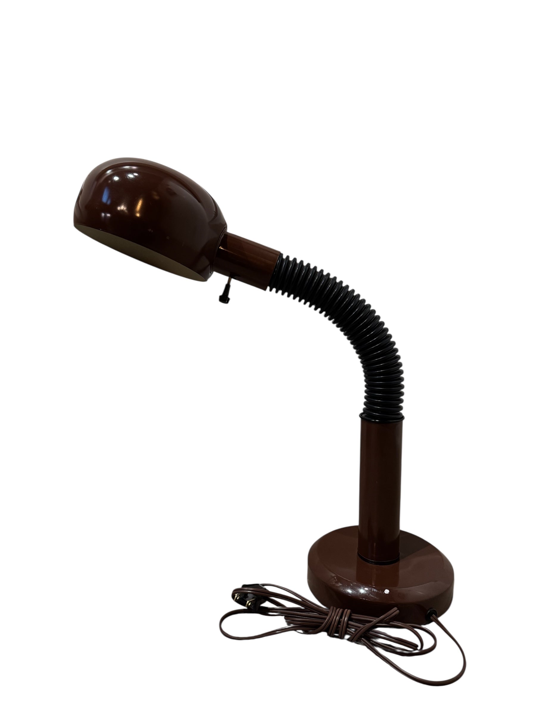 Mid-century modern brown table lamp with a flexible gooseneck.
Retro brown Fagerhults Cobra table lamp from the 1970s.
1970s Fagerhults Cobra Chocolate Brown Table Lamp