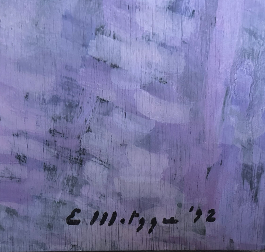 Painting by Evelyn Borchard Metzger, 'School Class, Central Park (Looking Back),' depicting an urban scene with figures and a stroller, rendered in a colorful, impressionistic style.