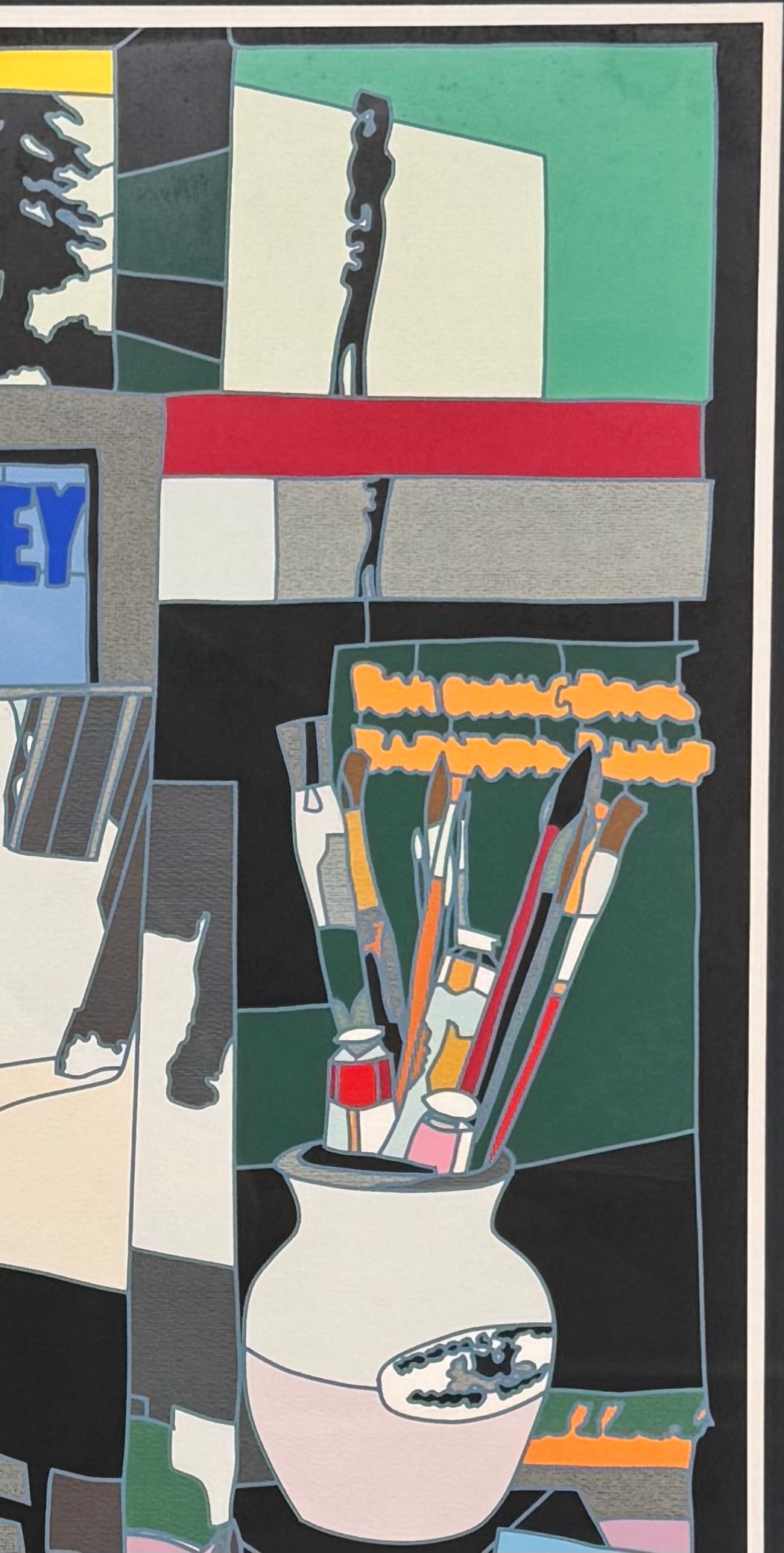 A pop art style image featuring a man in a hat and suit, an easel with art supplies including paintbrushes in a pot, and a sign in the background that reads "BARNUM & BAILEY" by Ugo Nespolo. The artwork uses a collage-like composition with geometric shapes and bold colors.