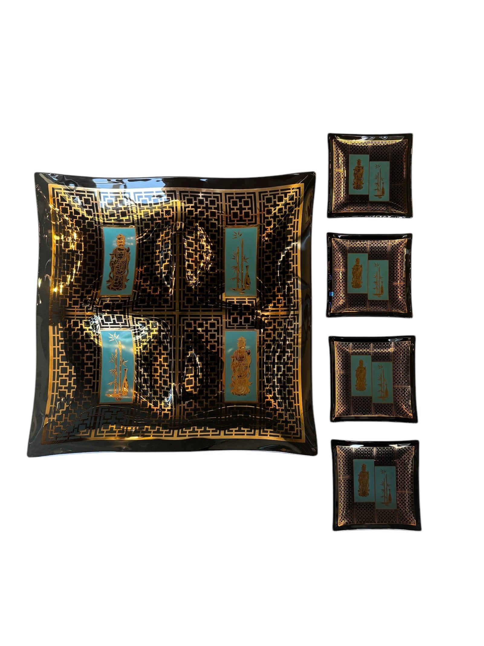 Mid Century Hostess Set, Black, Gold, Turquoise, James Mont Style, Smoked Glass, Etched 24kt Gold, coaster, trinket dish, hostess set, mid-century, geometric pattern
