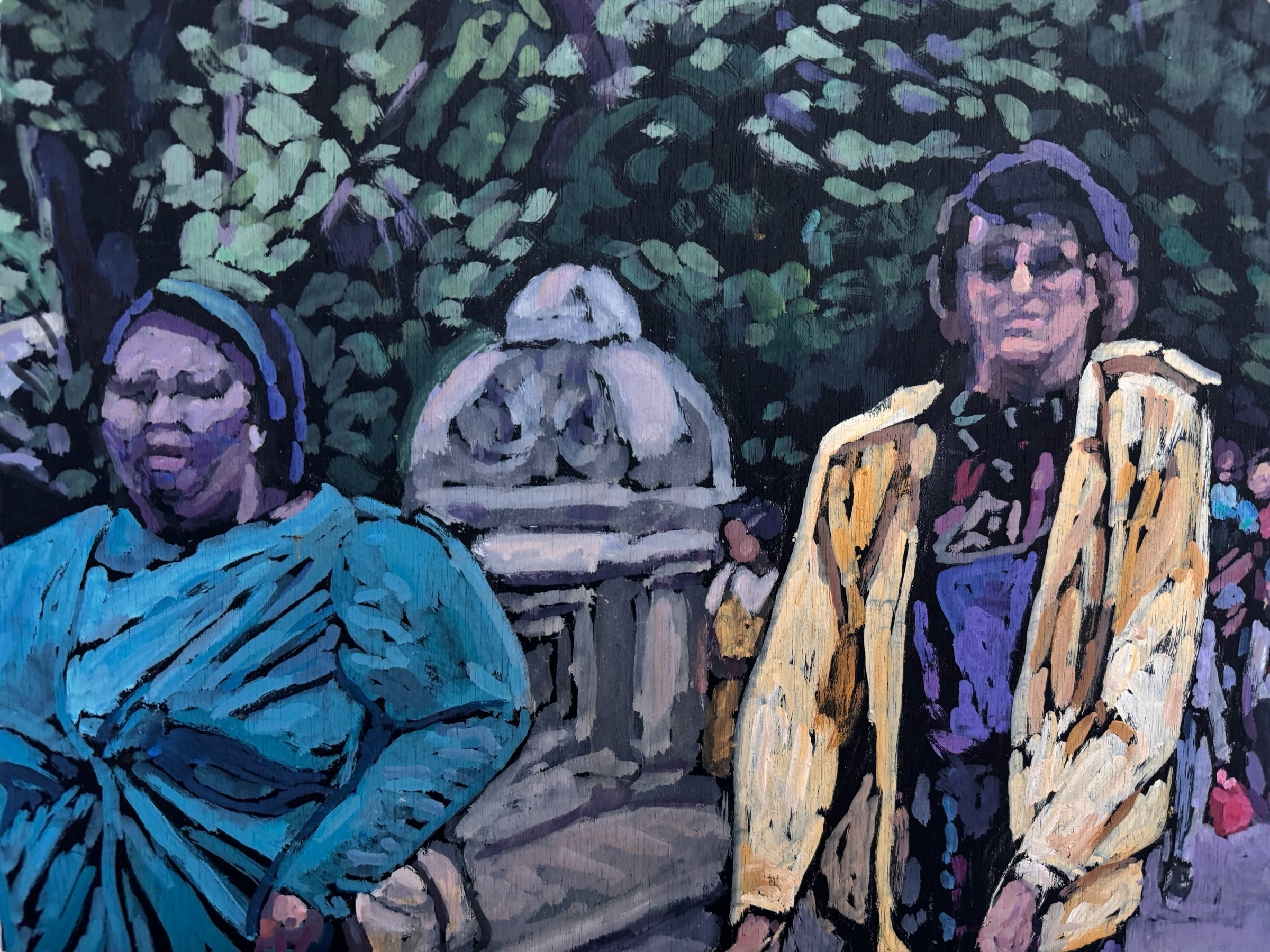 Painting by Evelyn Borchard Metzger, 'School Class, Central Park (Looking Back),' depicting an urban scene with figures and a stroller, rendered in a colorful, impressionistic style.