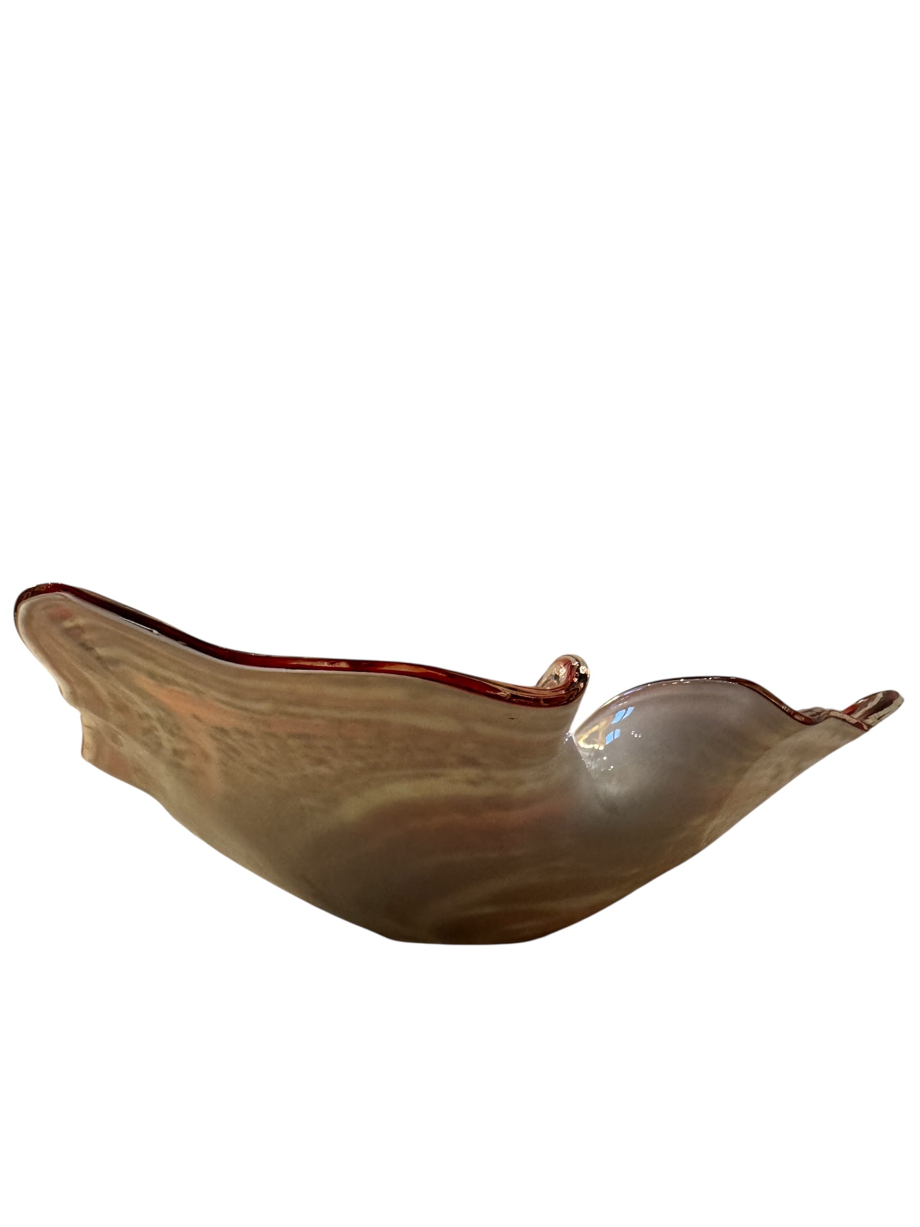 A Murano art glass bowl with a freeform shape, featuring layered swirls of brown, orange, and cream, accented with gold flecks. The bowl has a translucent white base.