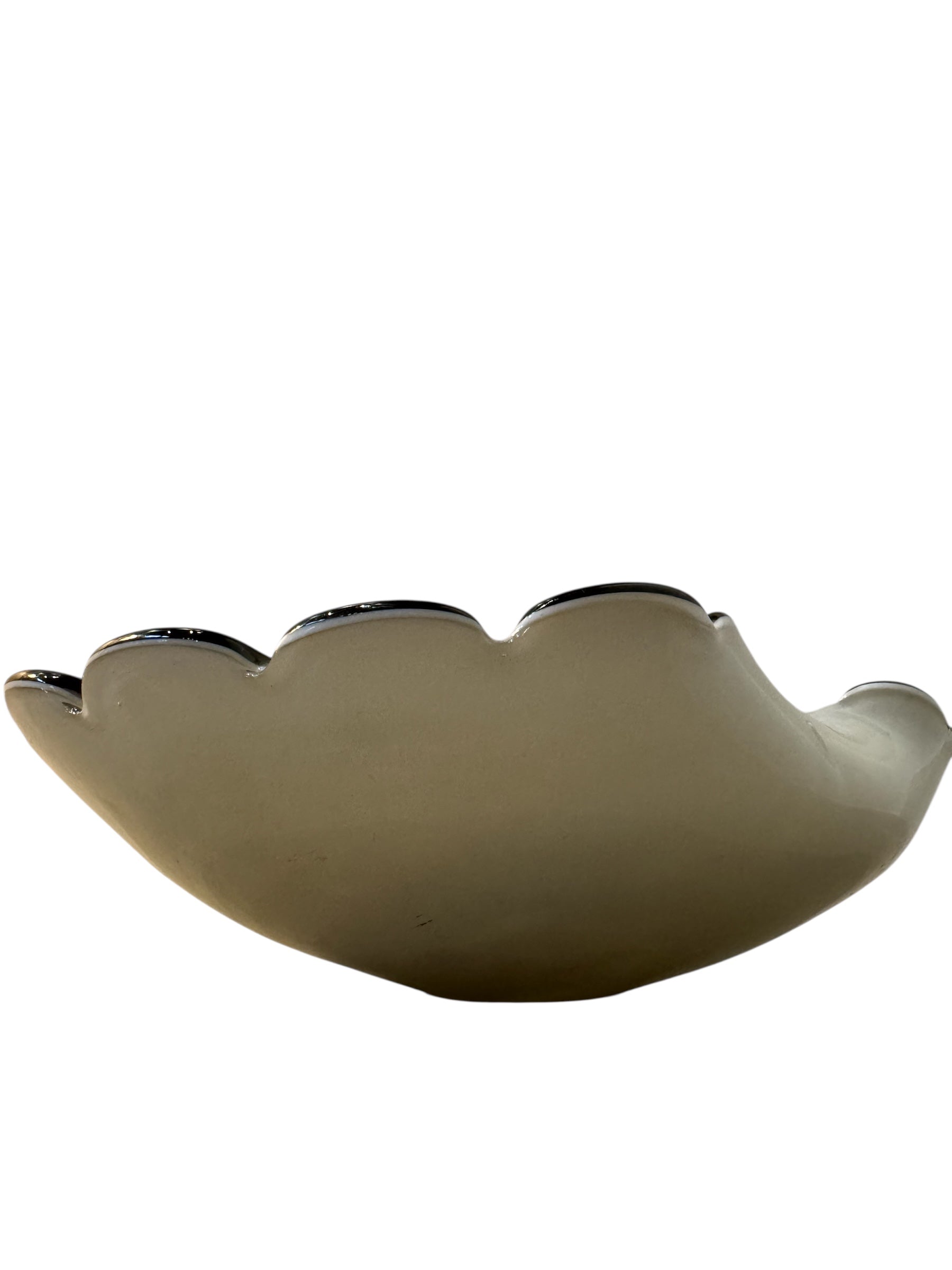 Murano art glass bowl with amethyst edge, gold flecks, and colorful glass inclusions.