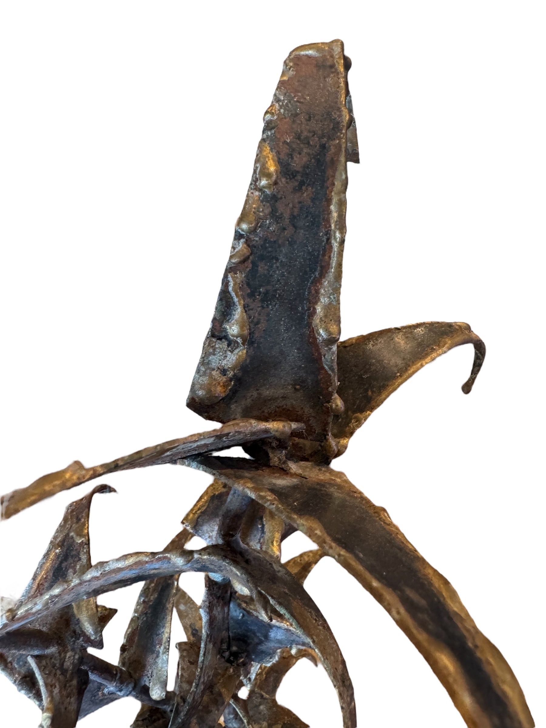 Mid-century Brutalist sculpture made of brass and bronze, depicting a stylized plant with textured, oxidized surfaces.