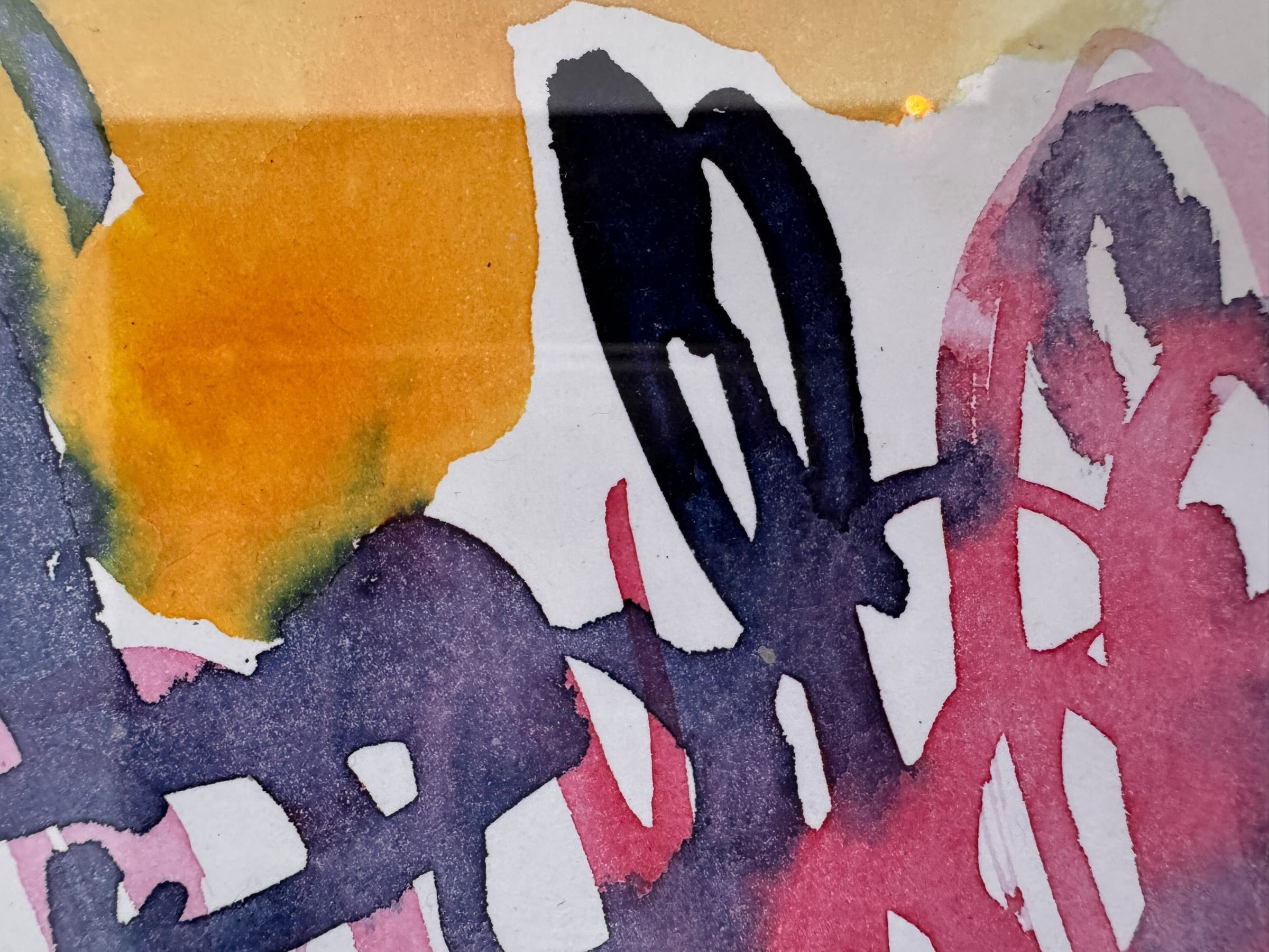 A vertical watercolor painting on paper, framed in a simple dark wood frame. The piece consists of a lively arrangement of gestural, loopy shapes and washes in a warm palette of apricot, magenta, and deep navy blue. The shapes are layered and translucent, with some areas featuring saturated "blooms" of color and others showing thin, wiry line work. The artist's signature and the year '97 are visible in the bottom right corner.