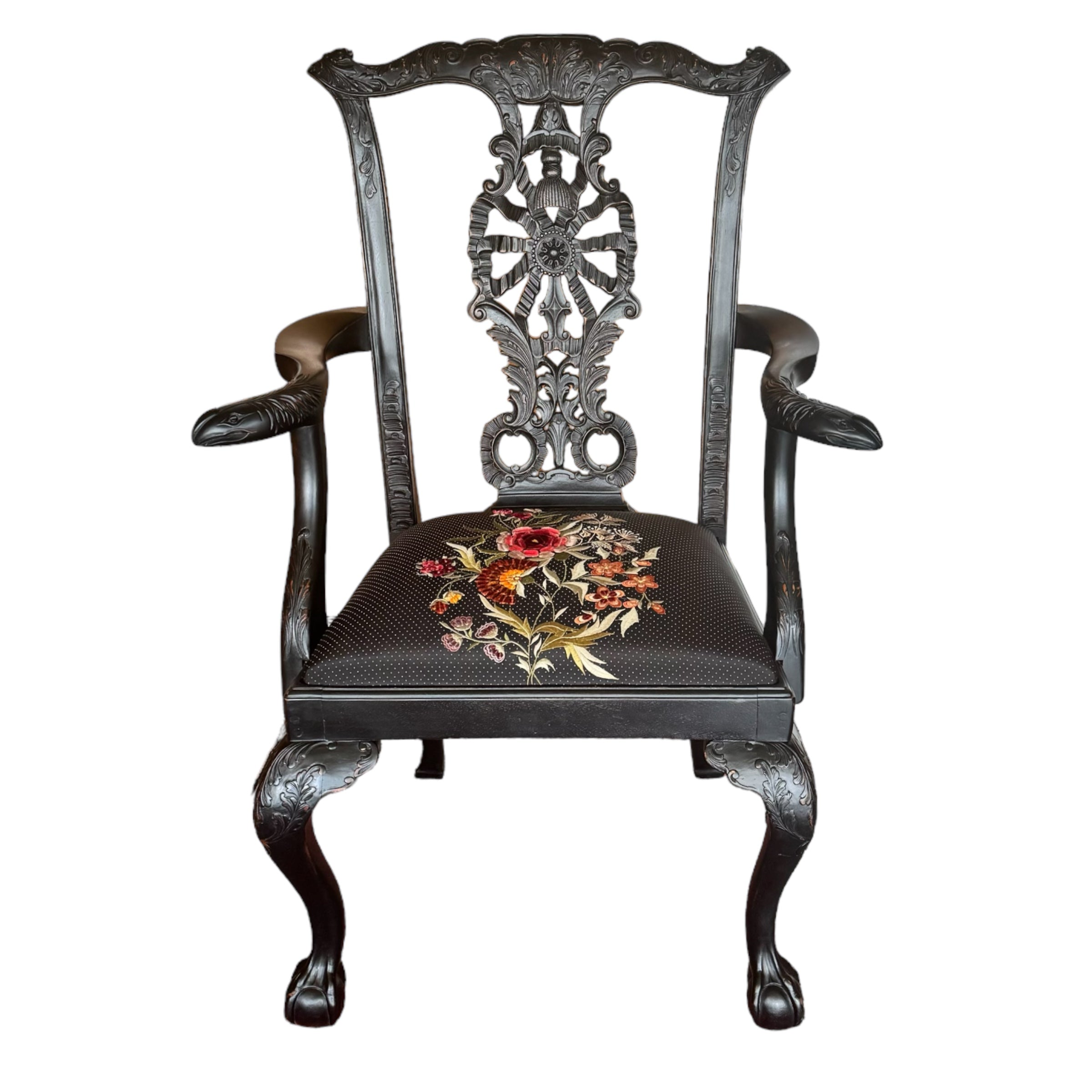 wood
Snakes
serpent
Floral
ebony wood
claw feet
Chippendale
chairs
carved
arm chairs
accent chair
20th Century
George III Chippendale Style Ebonized Armchair
Chippendale Style Ebonized Armchair
Ebonized Armchair
needlepoint flower design
vintage chairs
vintage chairs austin
carved crest
cabriole legs
velvet
