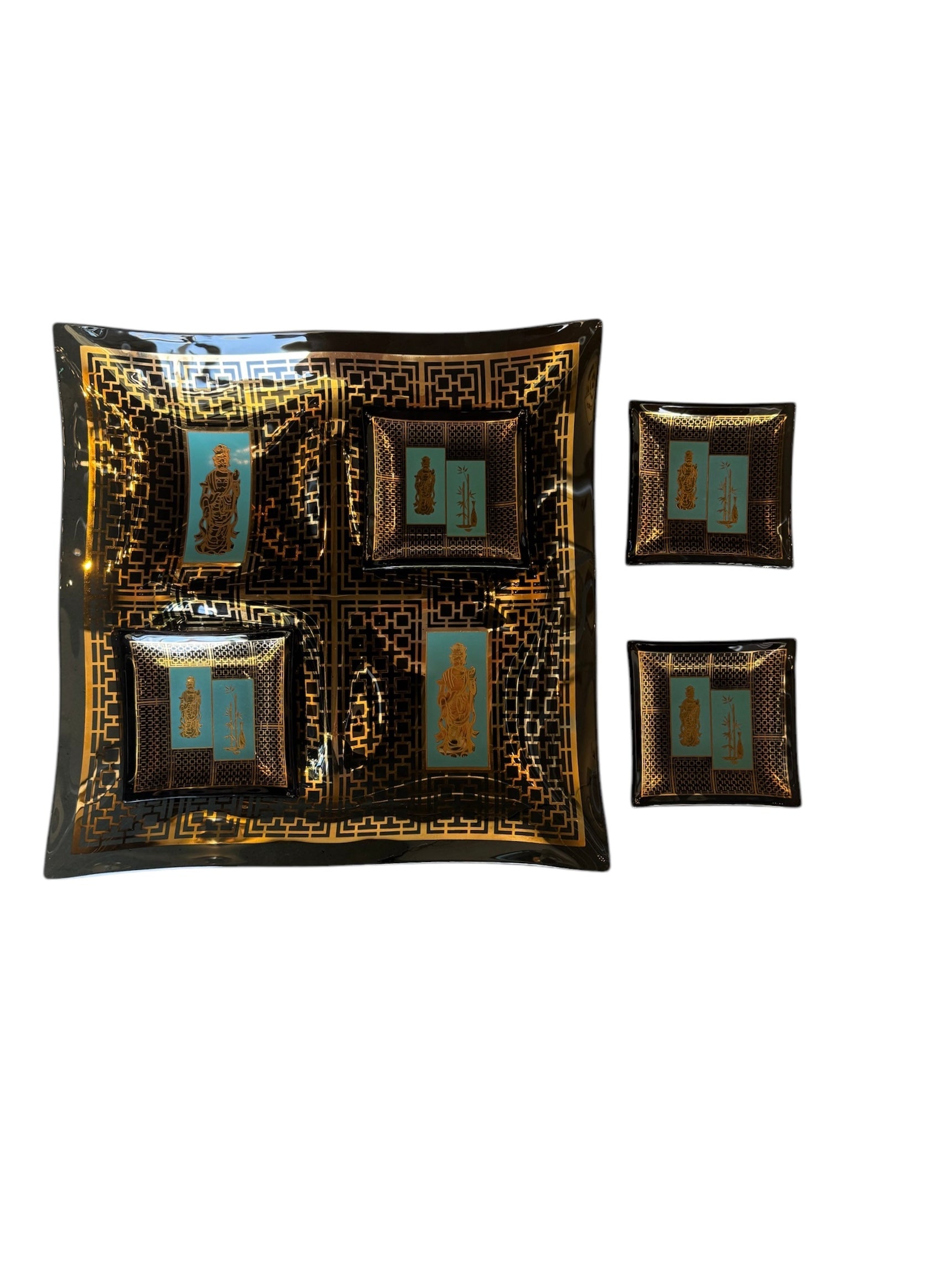 Mid Century Hostess Set, Black, Gold, Turquoise, James Mont Style, Smoked Glass, Etched 24kt Gold, coaster, trinket dish, hostess set, mid-century, geometric pattern