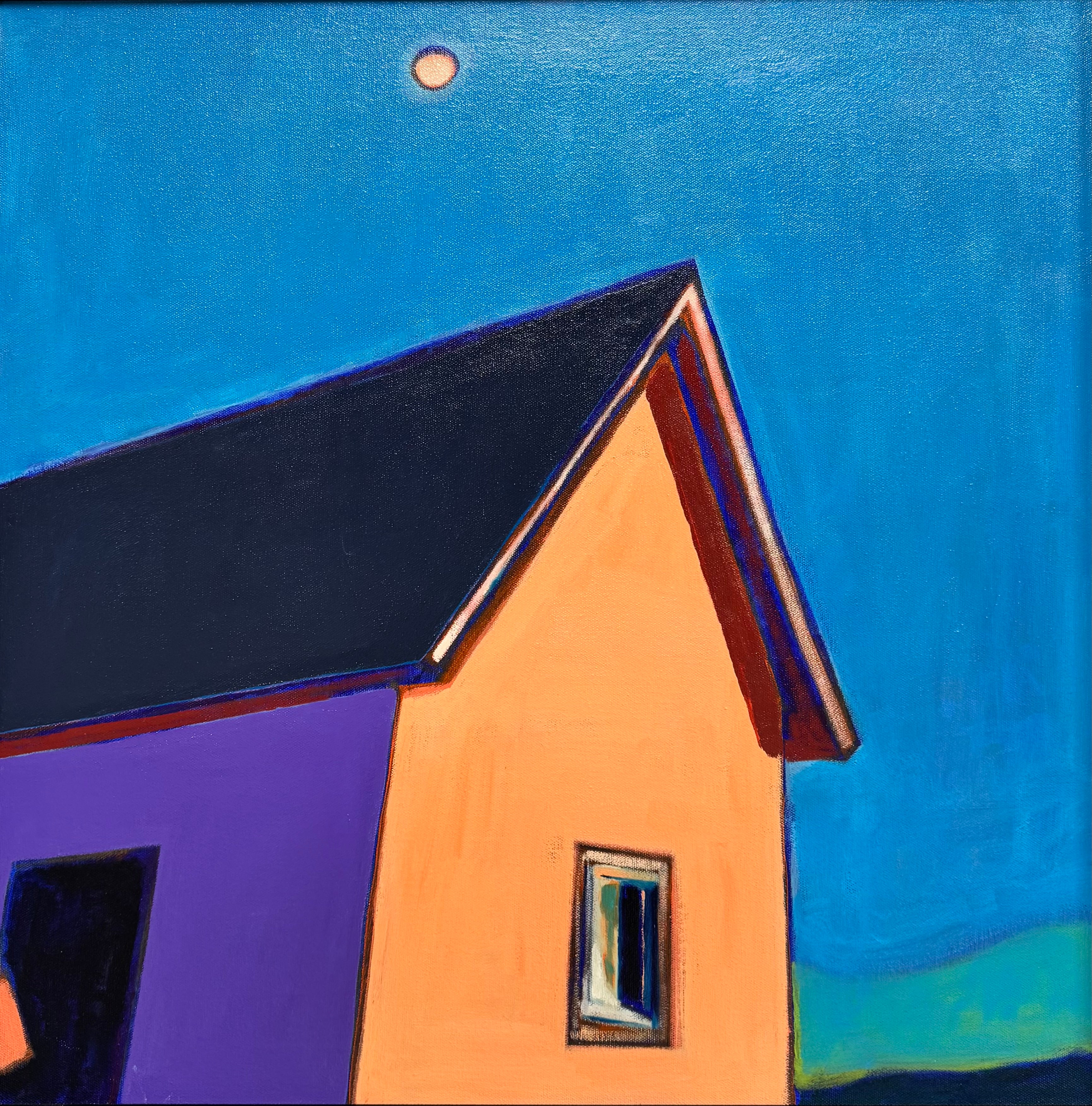 A vibrant, modern painting of a house with a purple side and an orange side with a window under a bright blue sky with a single moon by Elizabeth Payne titled “House in Moonlight”.