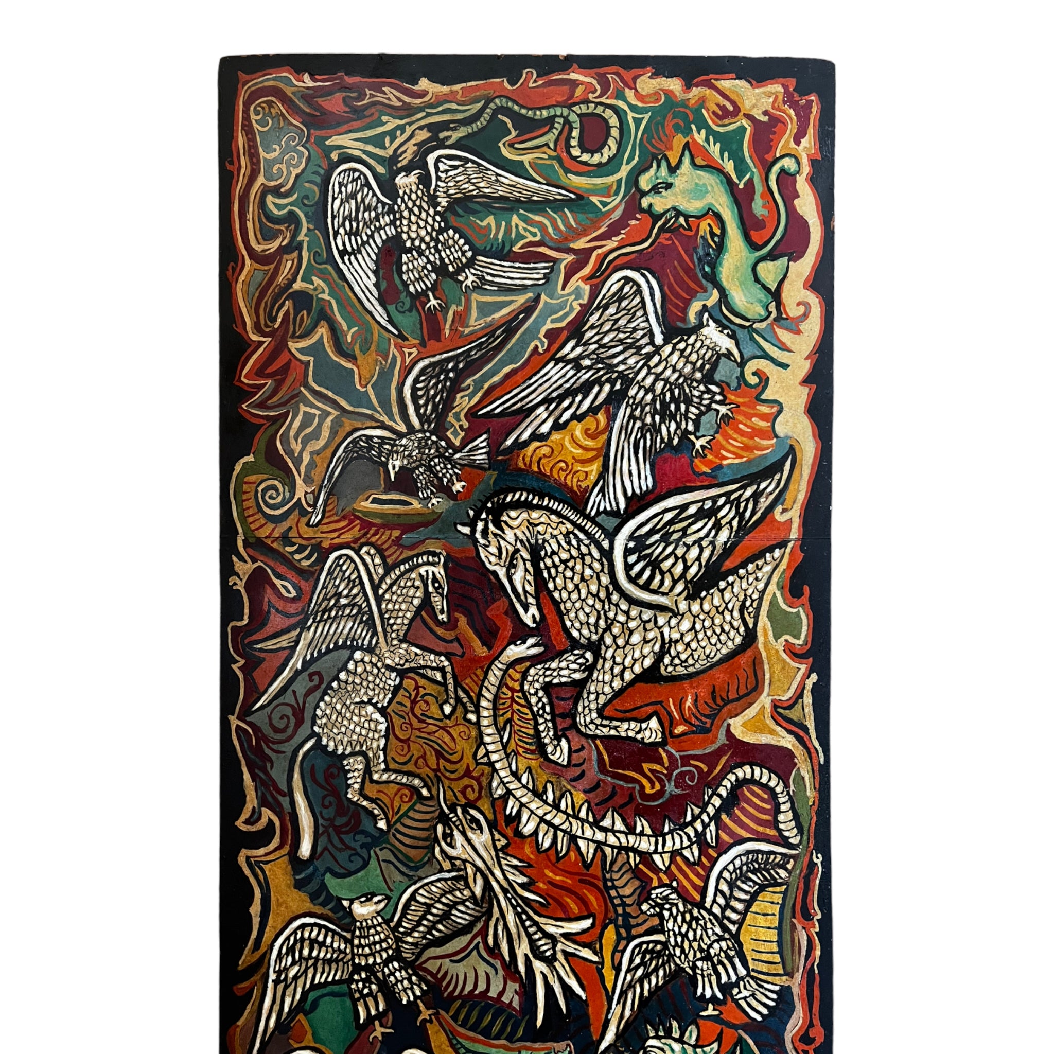 wall art
vibrant
Snakes
Plumes
Painting
Mid century
Large art
italy
italian
Home
eagles
E. Cocco
dragons
Colorful
birds
Art
acrylic painting
1950s
serpent
