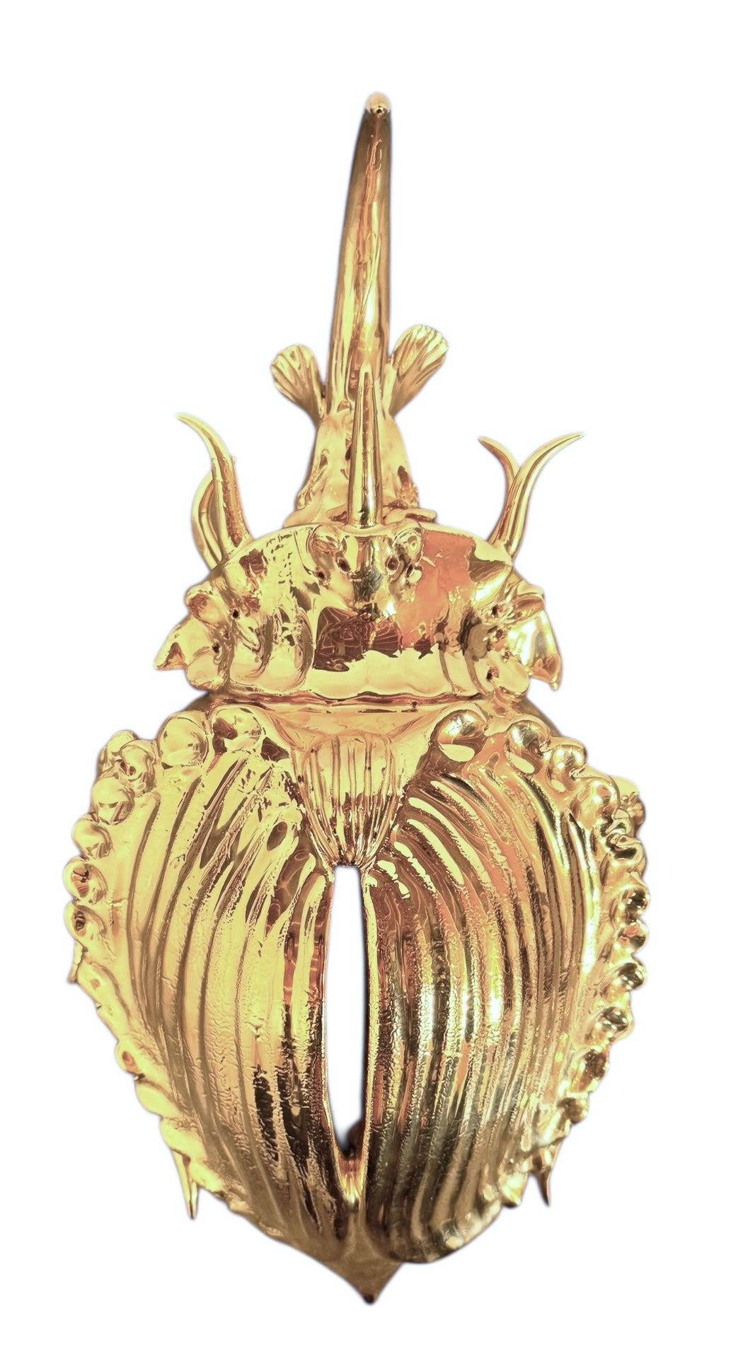 A handcrafted ceramic sculpture of a rhinoceros beetle by Enza Fasano, featuring a brilliant, high-gloss gold metallic finish. The beetle is captured in a dynamic, slightly upturned pose with detailed textures on its ribbed shell and prominent, curved horns. The piece reflects light across its polished surface, showcasing the artist’s signature fusion of traditional Pugliese pottery and contemporary luxury.