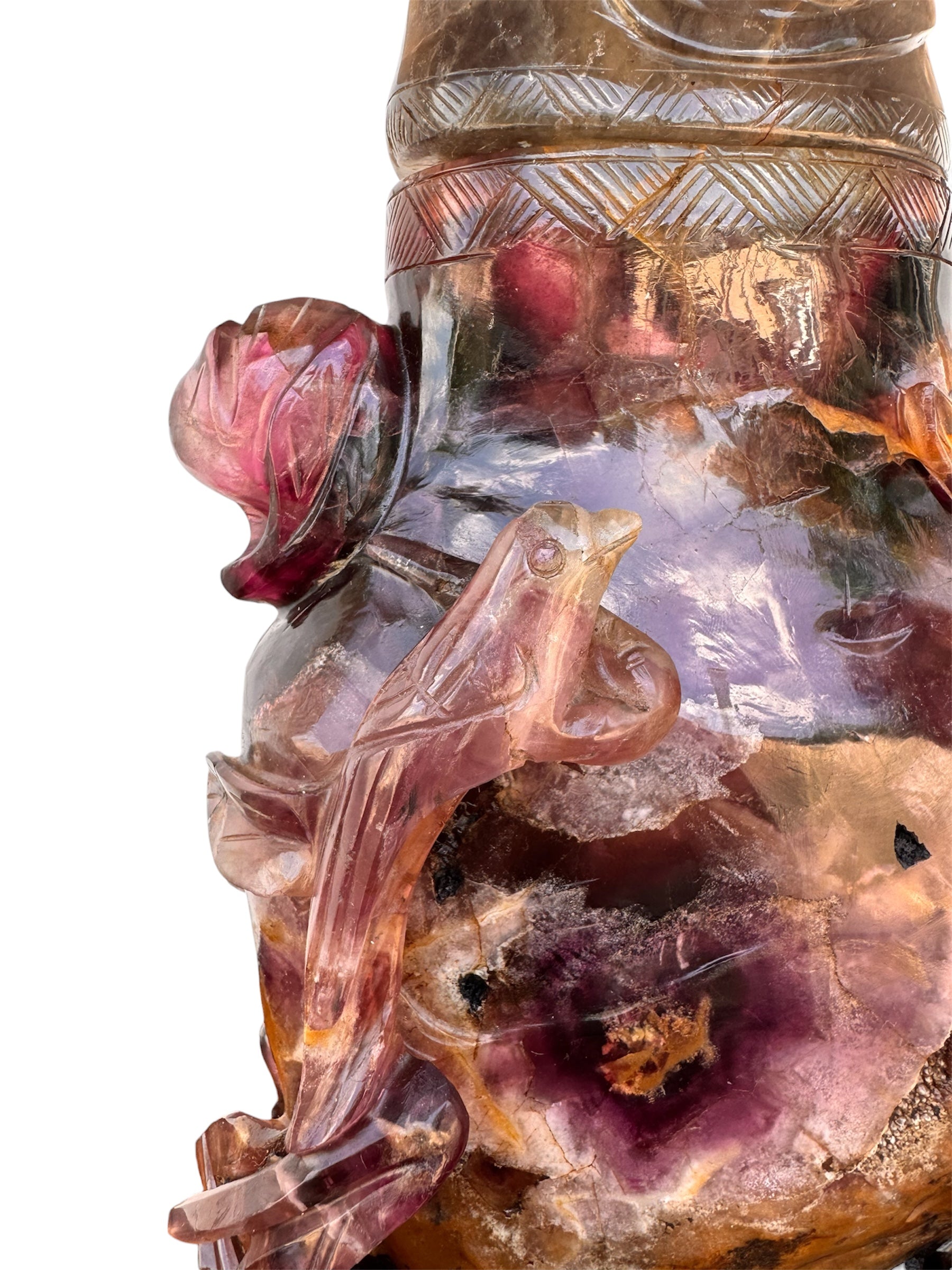 An antique Chinese table lamp featuring a base hand-carved from deep purple amethyst stone, topped with a clear quartz crystal neck. The lamp sits on an ornate, custom gilt-bronze Chinoiserie base and features a flared, cream-colored silk lampshade still enclosed in protective plastic. A rectangular brass finial sits at the very top.