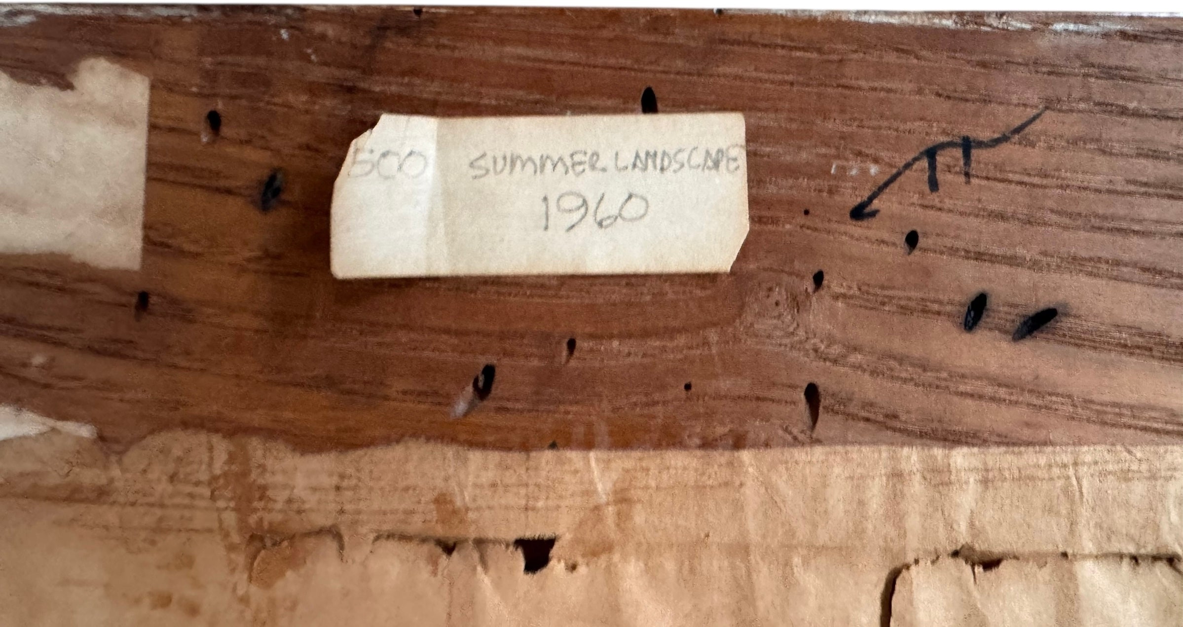 An abstract mixed media painting, titled "Summer Landscape" by Elsa Warner, featuring a dynamic composition of fragmented geometric and organic shapes in vibrant yellow, black, and earthy brown tones.