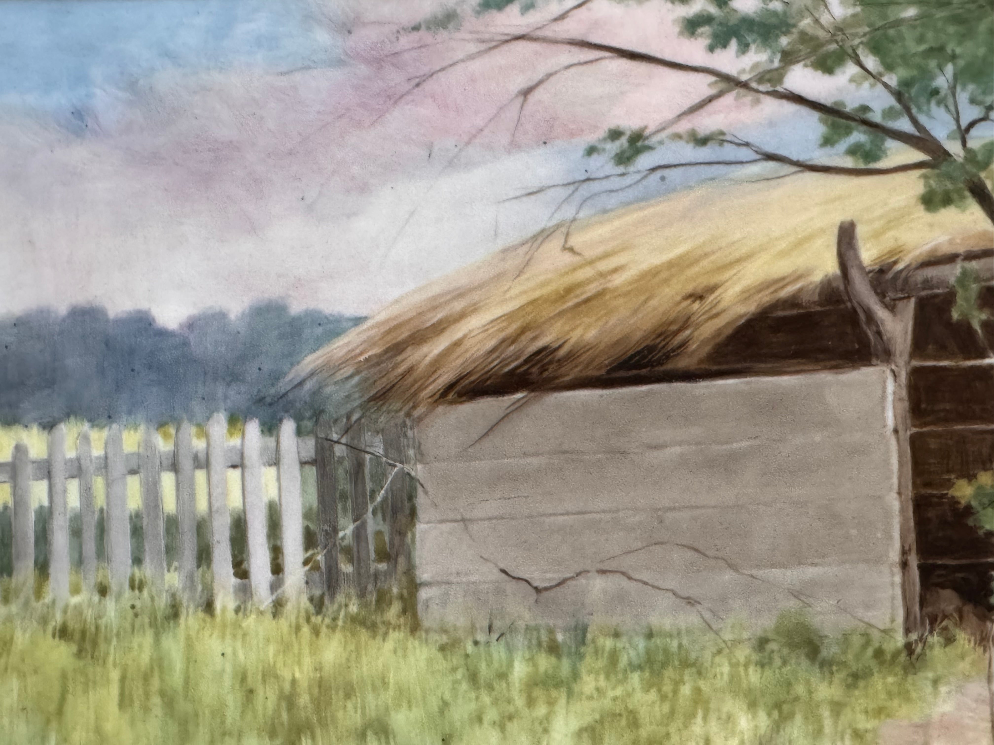 The artwork is a painting on porcelain plaque, titled "Chickens Foraging in a Barn Yard" by the American artist Paul E. Harney Jr. (1850-1915). It is housed in an ornate, gilt frame. The painting depicts a rural scene with several chickens on a grassy ground near a small structure with a thatched roof and a white picket fence in the background