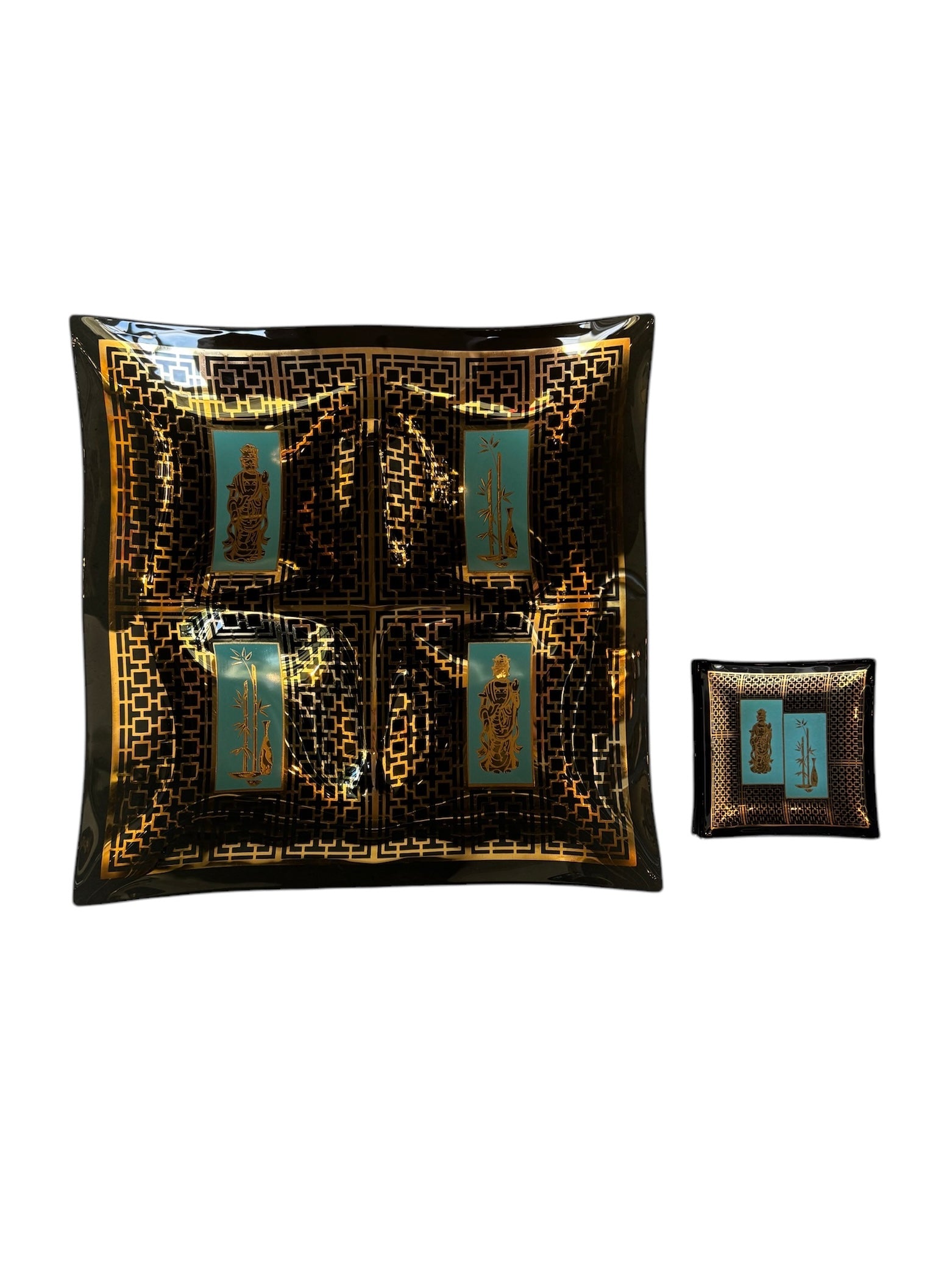 Mid Century Hostess Set, Black, Gold, Turquoise, James Mont Style, Smoked Glass, Etched 24kt Gold, coaster, trinket dish, hostess set, mid-century, geometric pattern