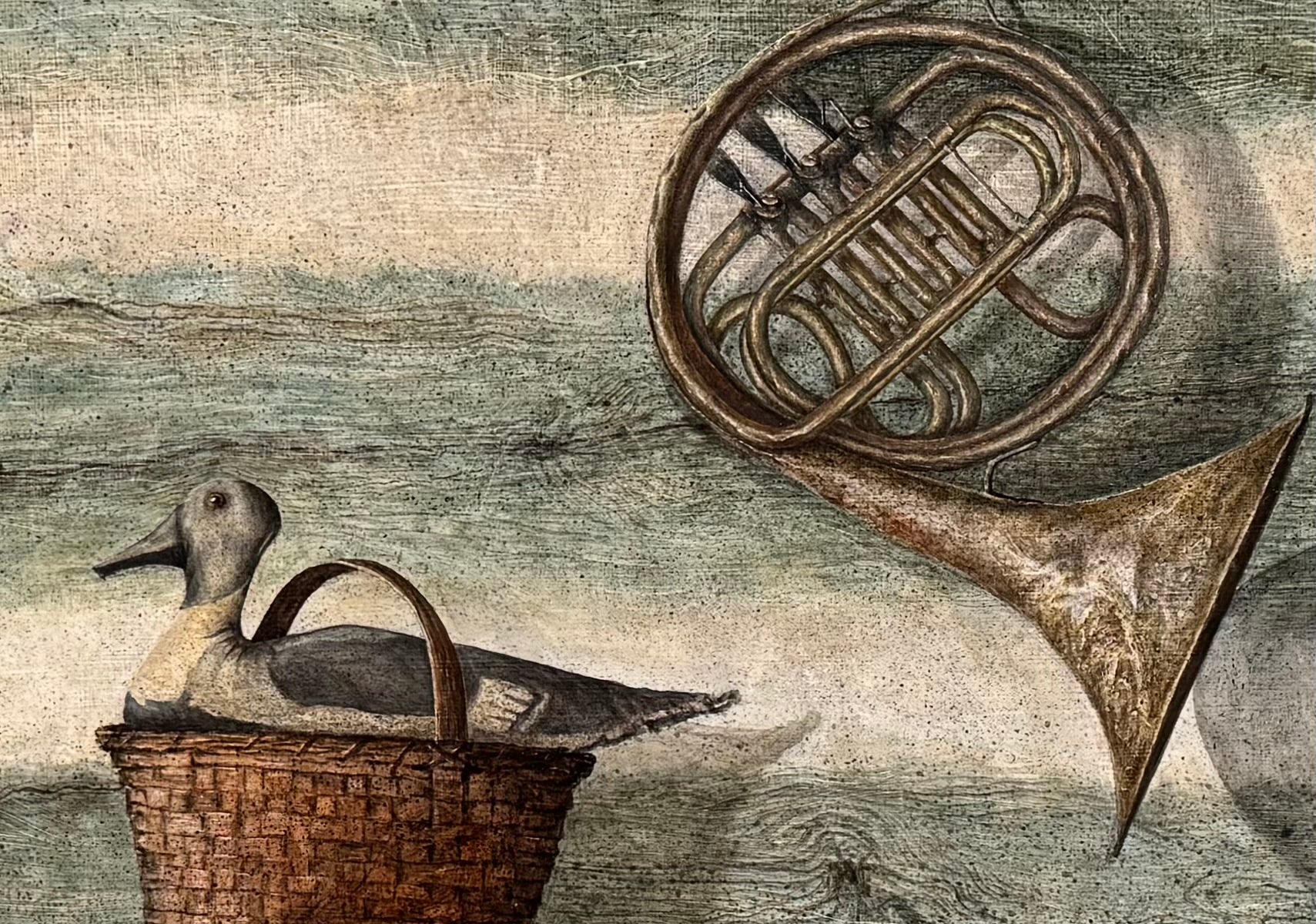 A realistic painting of a rustic interior scene by Travis Whitfield. A duck sits inside a woven basket on a dark wooden table with a single drawer. A French horn hangs on the light blue and white log wall behind the table. A multi-pane window on the left side of the painting shows an outdoor view.