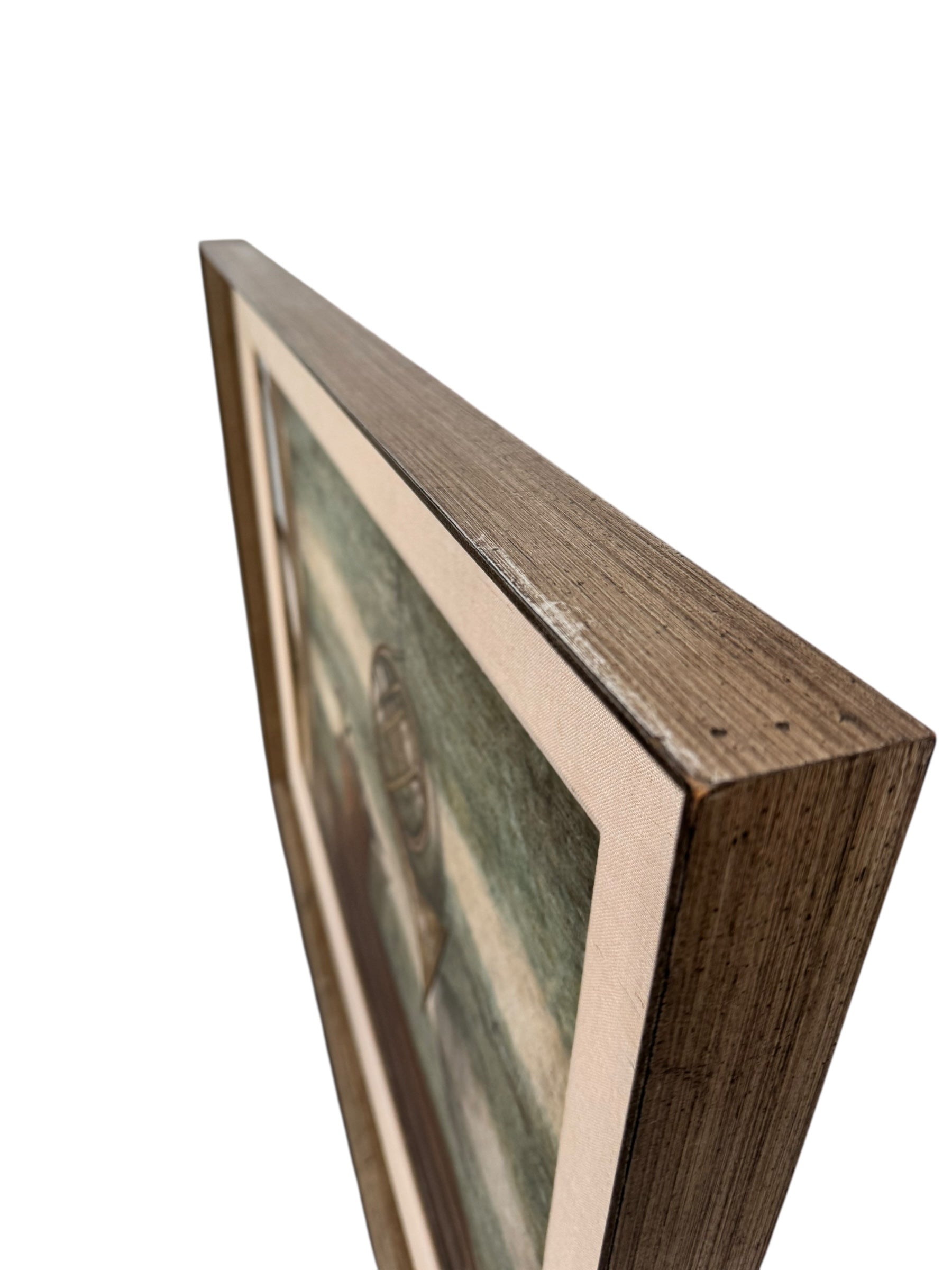 A realistic painting of a rustic interior scene by Travis Whitfield. A duck sits inside a woven basket on a dark wooden table with a single drawer. A French horn hangs on the light blue and white log wall behind the table. A multi-pane window on the left side of the painting shows an outdoor view.