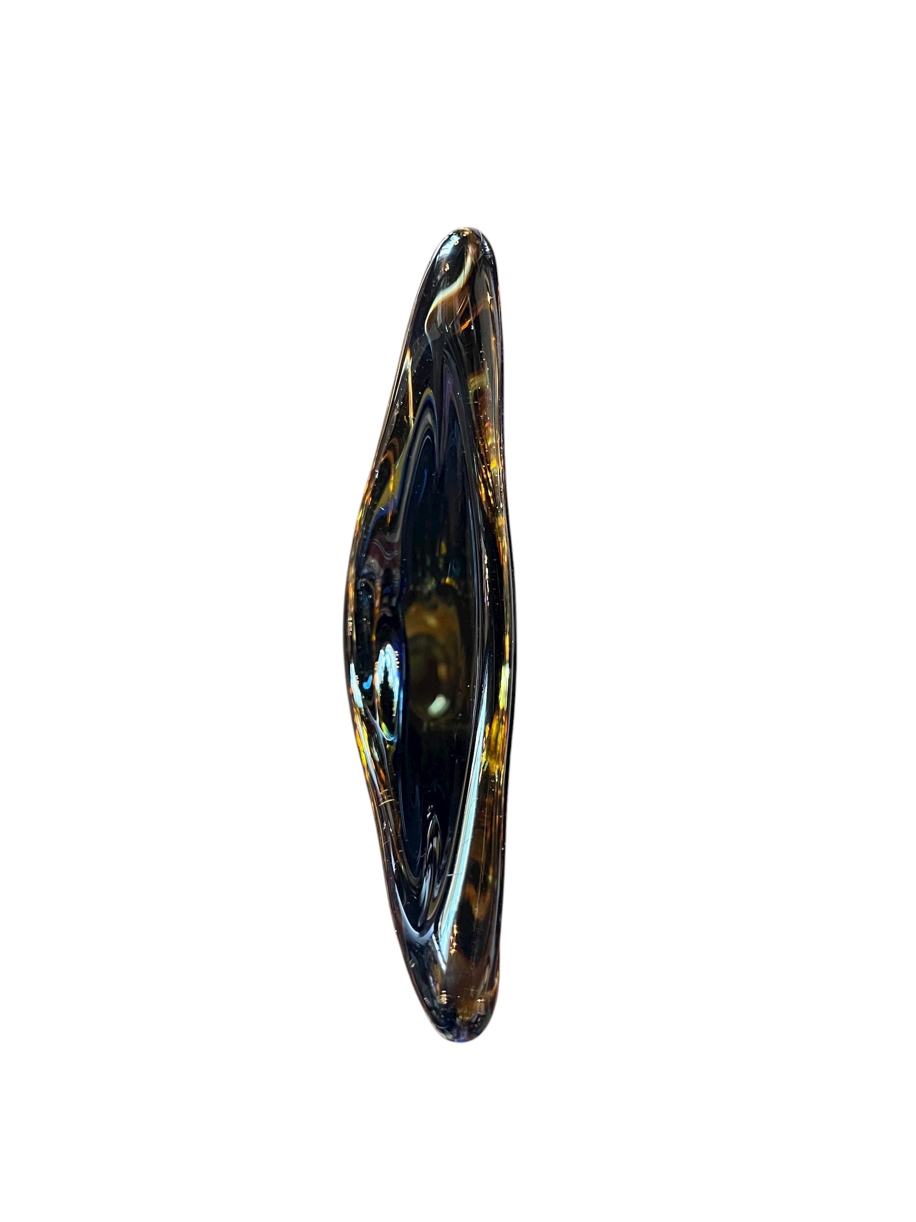 Sculptural art glass vase in the Sommerso style, featuring blue and amber colors encased in a clear glass layer. The vase has a vintage mid-century modern design