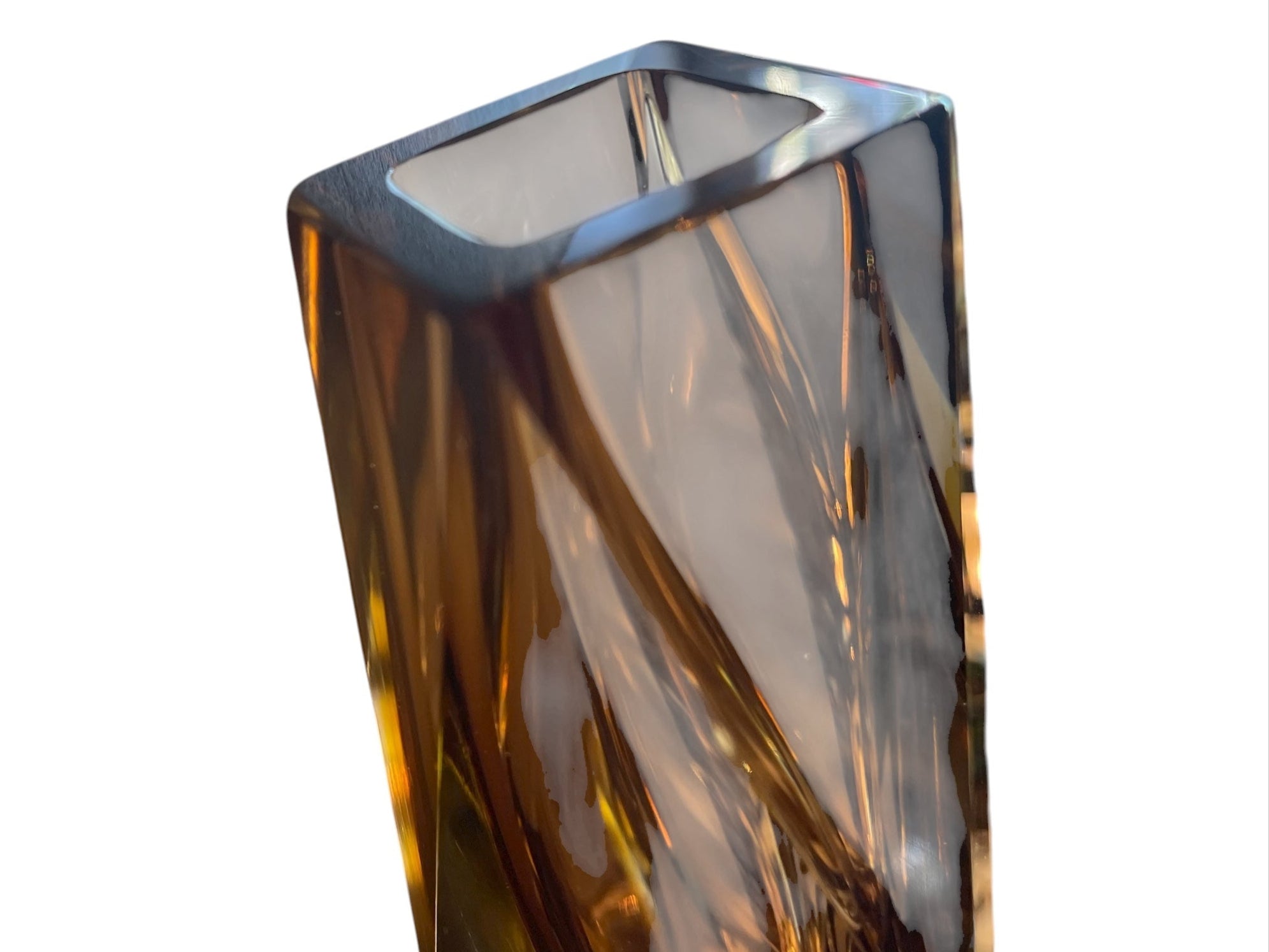 Mid-century modern vase with amber to clear ombré glass, geometric faceted design, in the Sommerso style