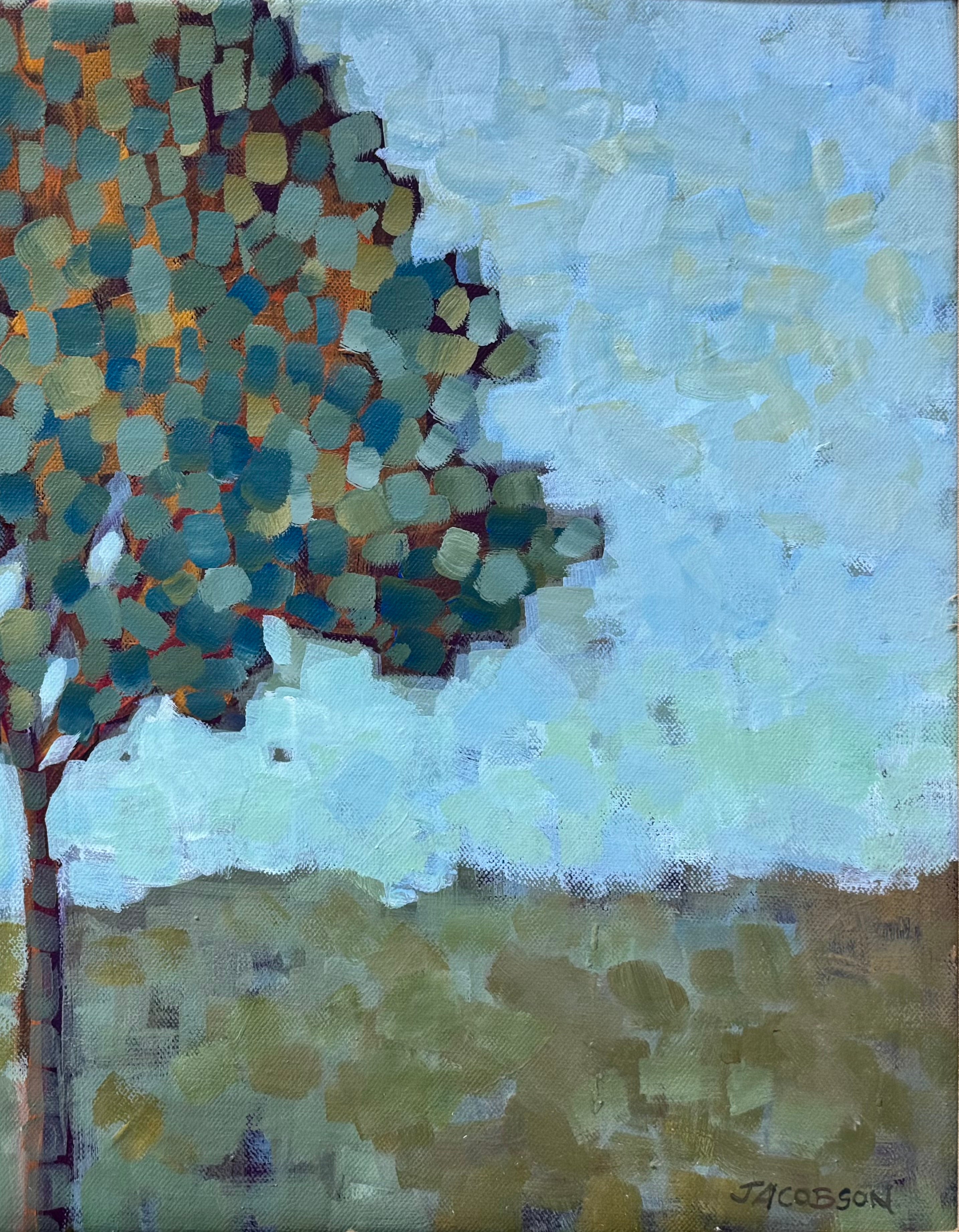 An oil painting by Laura Jacobson featuring three stylized trees with green and brown leaves in a field.