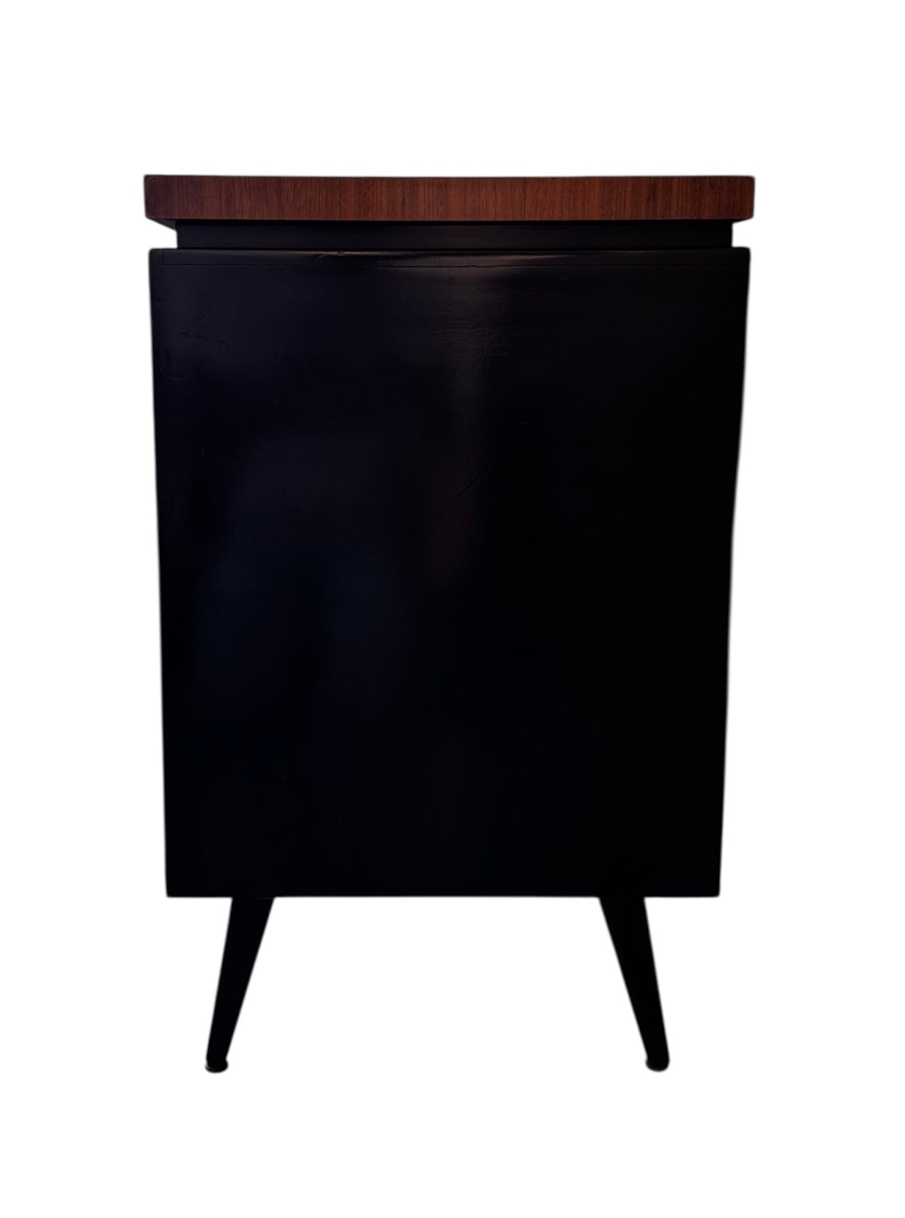 Mid Century Desk, Mid Century, Desk, Tapered Legs, Morris C. Mallin, Mallin Furniture Co., Walnut Veneer, black enameled metal, sleek, corporate, modernist