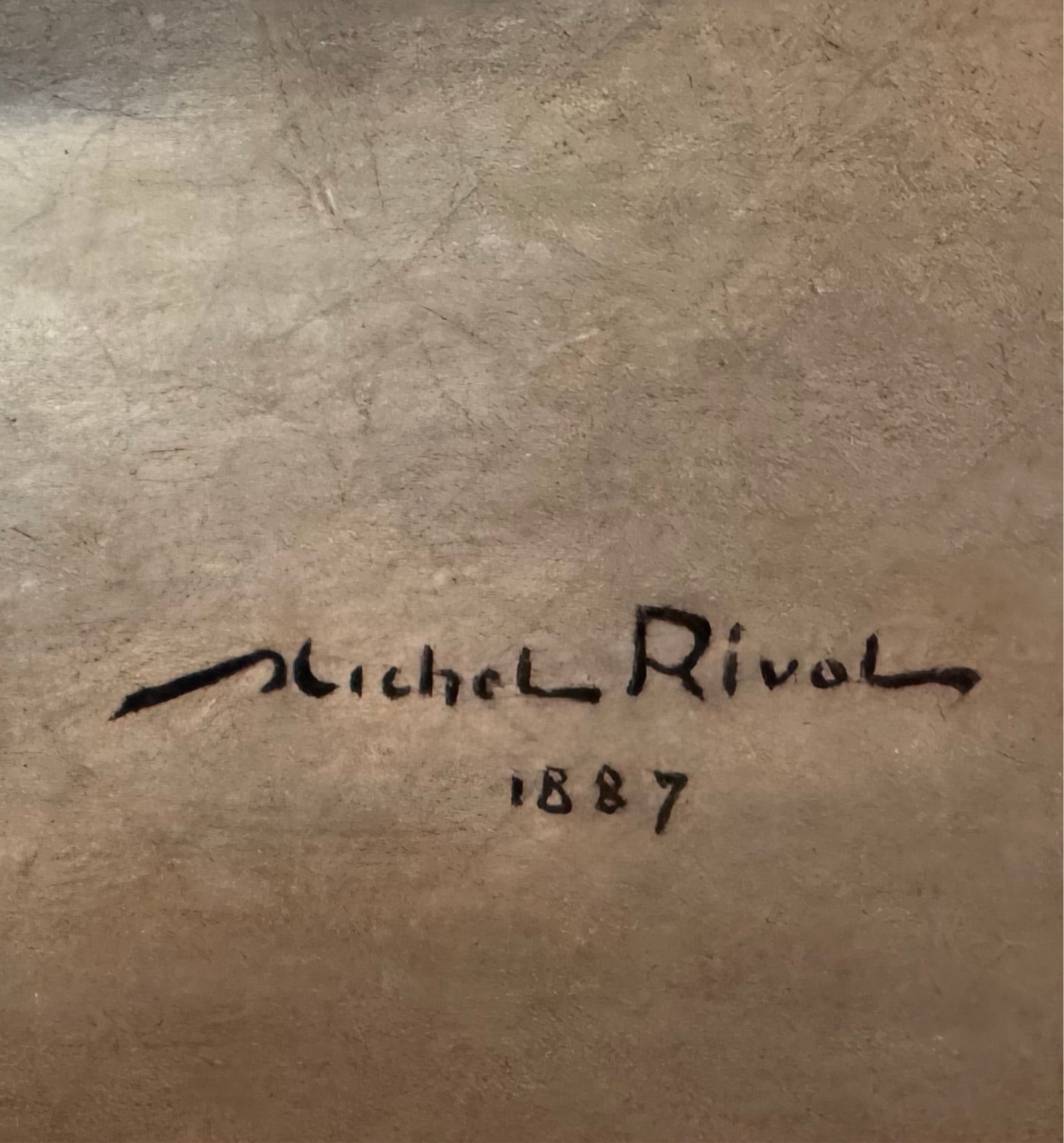 Oil painting, 'Still Life with Fruit and Cheese' by Michel Rivol, 1887. Features grapes, melons, cheese under a glass dome, and a bottle on a tablecloth against a dark background