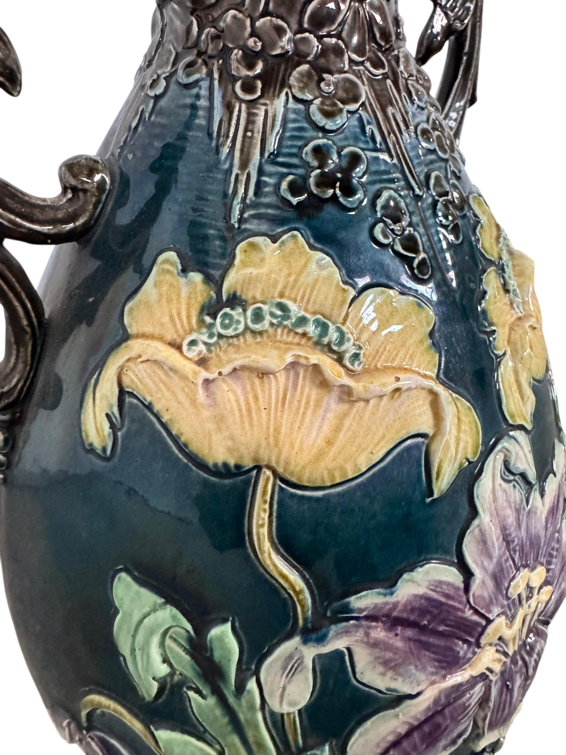 French Art Nouveau Faience Glazed Vases with flower motifs, and thorny wood handles